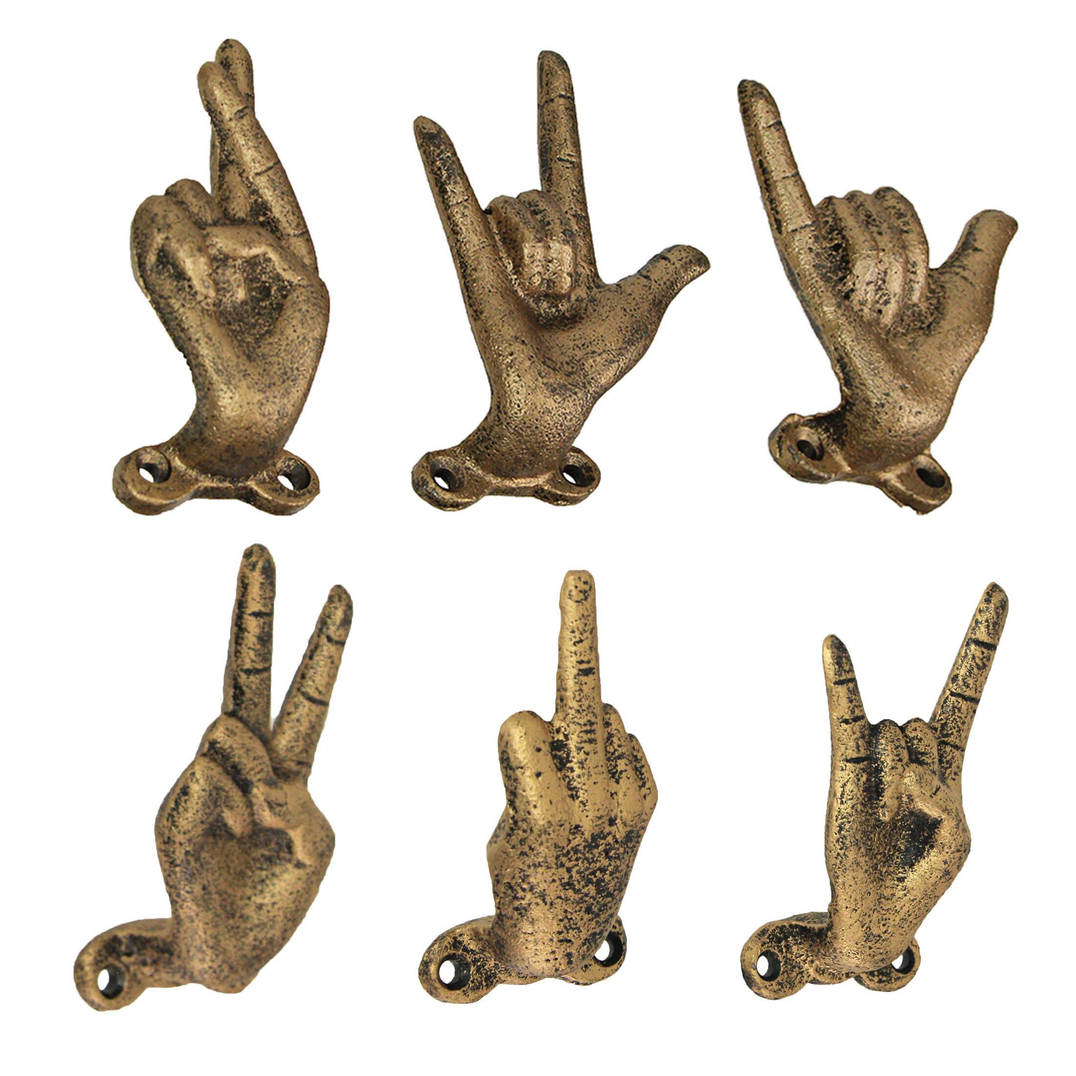 Alt View 1. Zeckos - Set of 6 Cast Iron Hand Gesture Hooks Gold Finish - Key, Towel, Jewelry Hangers - Gold.