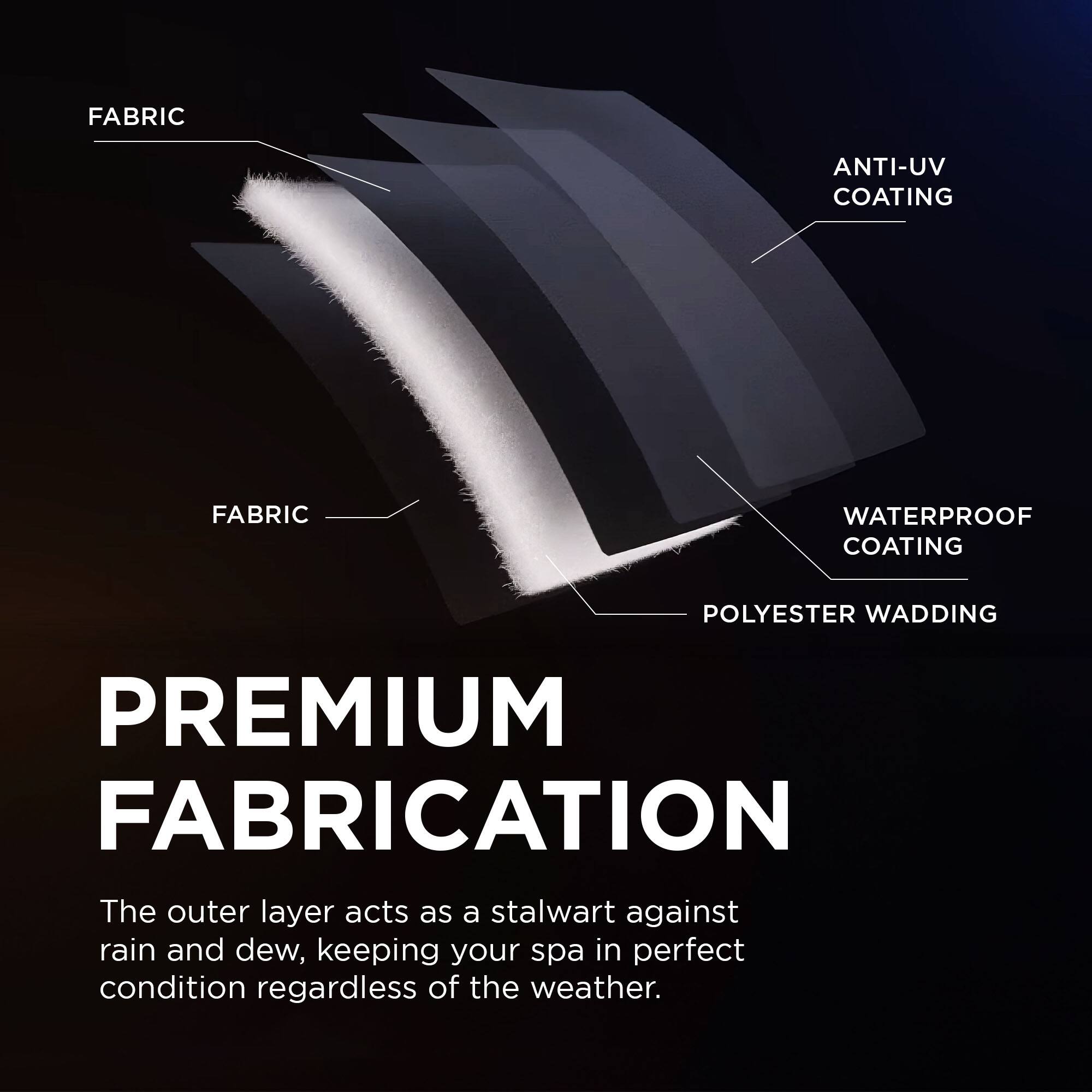 FABRIC  
ANTI-UV COATING  
WATERPROOF COATING  
POLYESTER WADDING  

PREMIUM FABRICATION  

The outer layer acts as a stalwart against rain and dew, keeping your spa in perfect condition regardless of the weather.