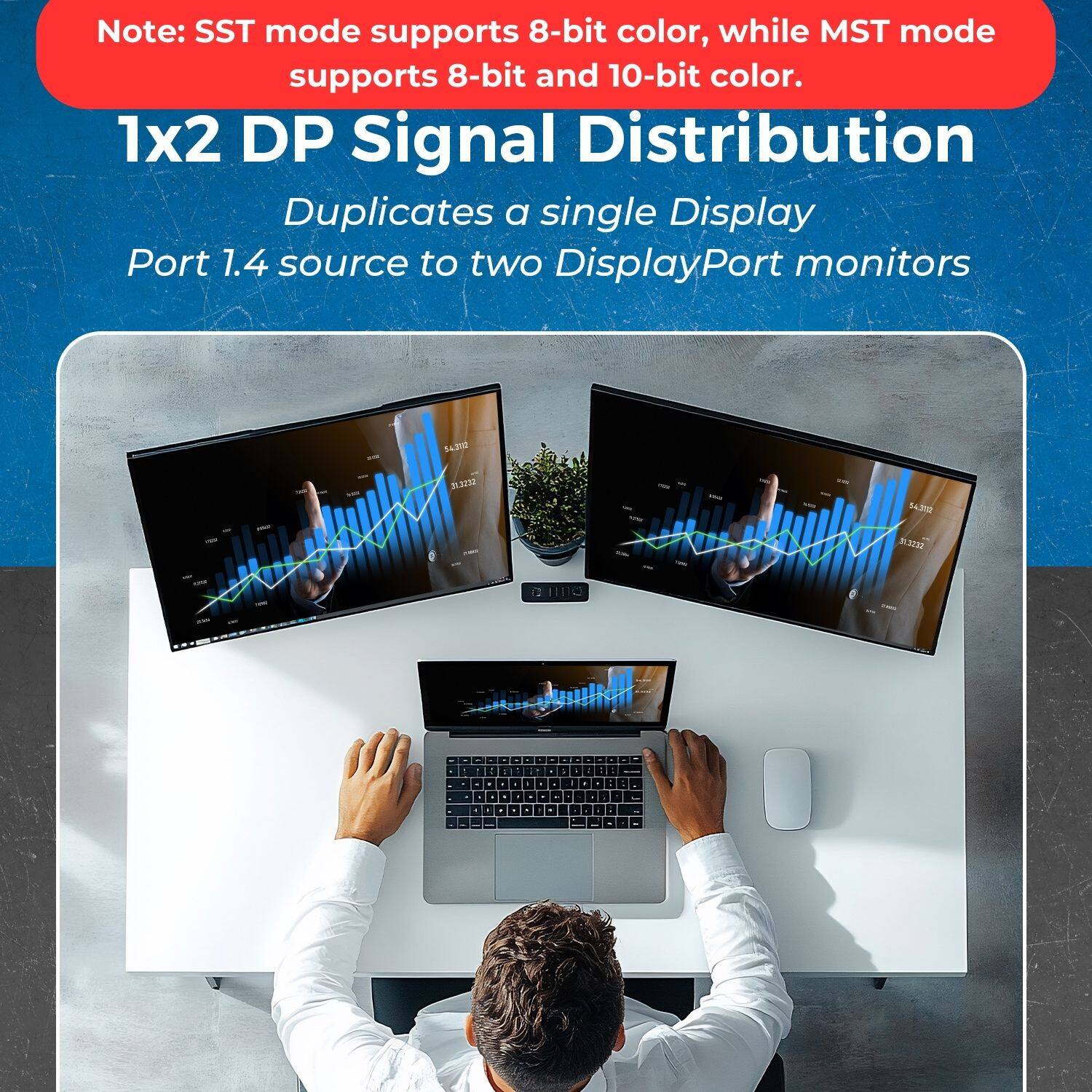 Note: SST mode supports 8-bit color, while MST mode supports 8-bit and 10-bit color.

1x2 DP Signal Distribution  
Duplicates a single Display Port 1.4 source to two DisplayPort monitors