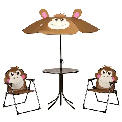 Front. Outsunny - Kids Table and Chair Set, Outdoor Folding Garden Furniture, Picnic Table for Patio Backyard, Adjustable Sun Umbrella - Brown.