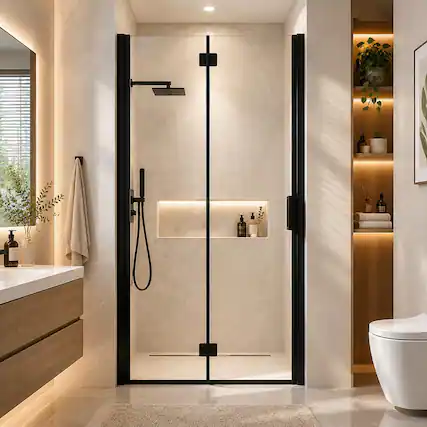 Front. RYHNUYNE - 32-33.2 In W X 72 In H Semi-Frameless Folding Pivot Shower Door, 1/4 In Clear Tempered Glass Matte Black Finish - Matte Black.