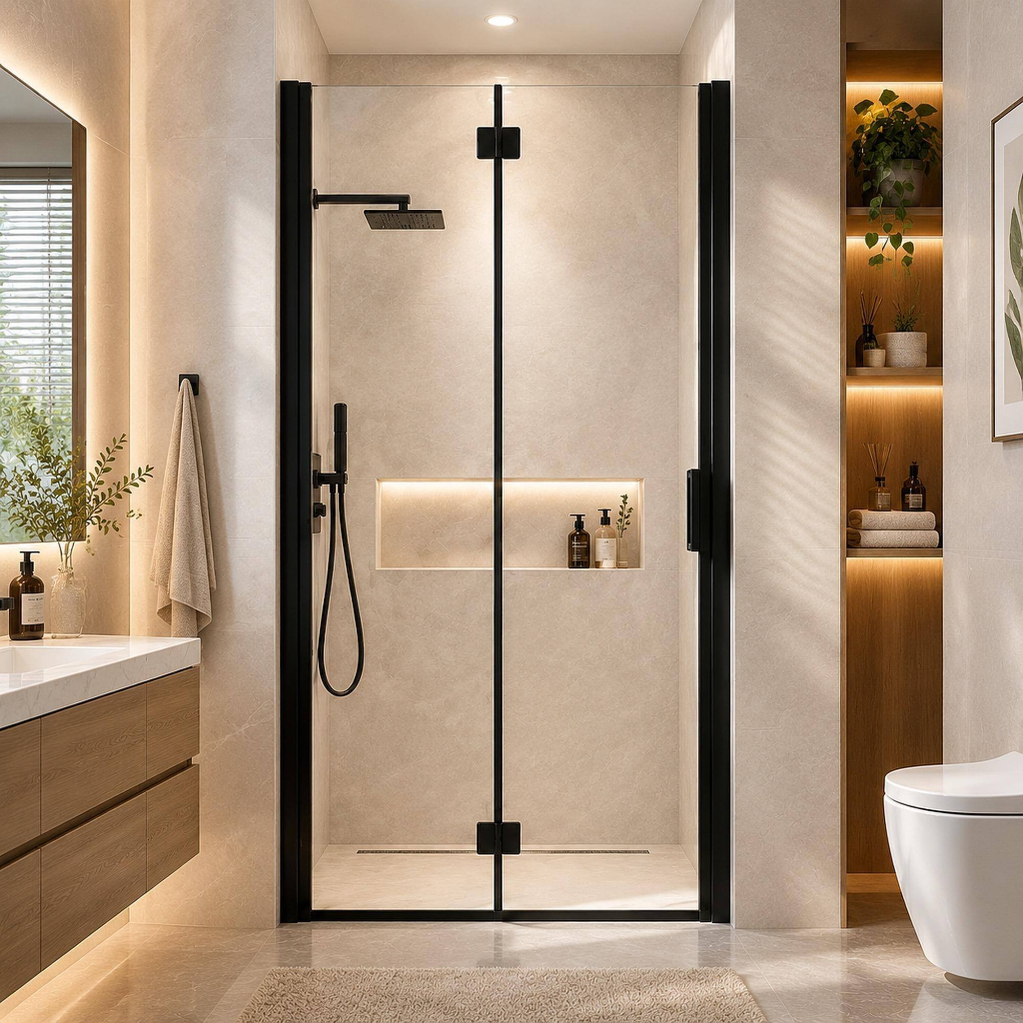 Front. RYHNUYNE - 32-33.2 In W X 72 In H Semi-Frameless Folding Pivot Shower Door, 1/4 In Clear Tempered Glass Matte Black Finish - Matte Black.