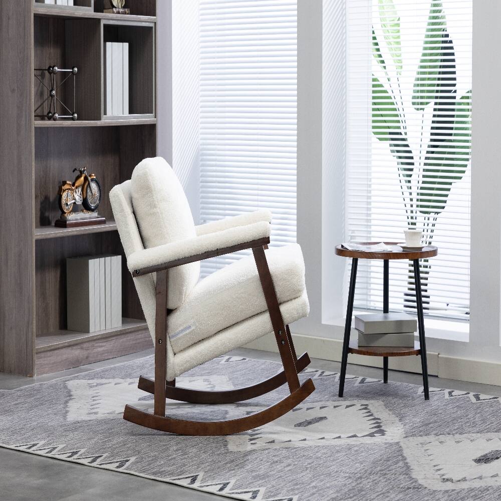 Alt View 2. Loheer - Loheer Mid Century Modern Accent Chair Solid Wood Rocking Chair Upholstered Reading Armchair for Bedroom Sunroom White - White.
