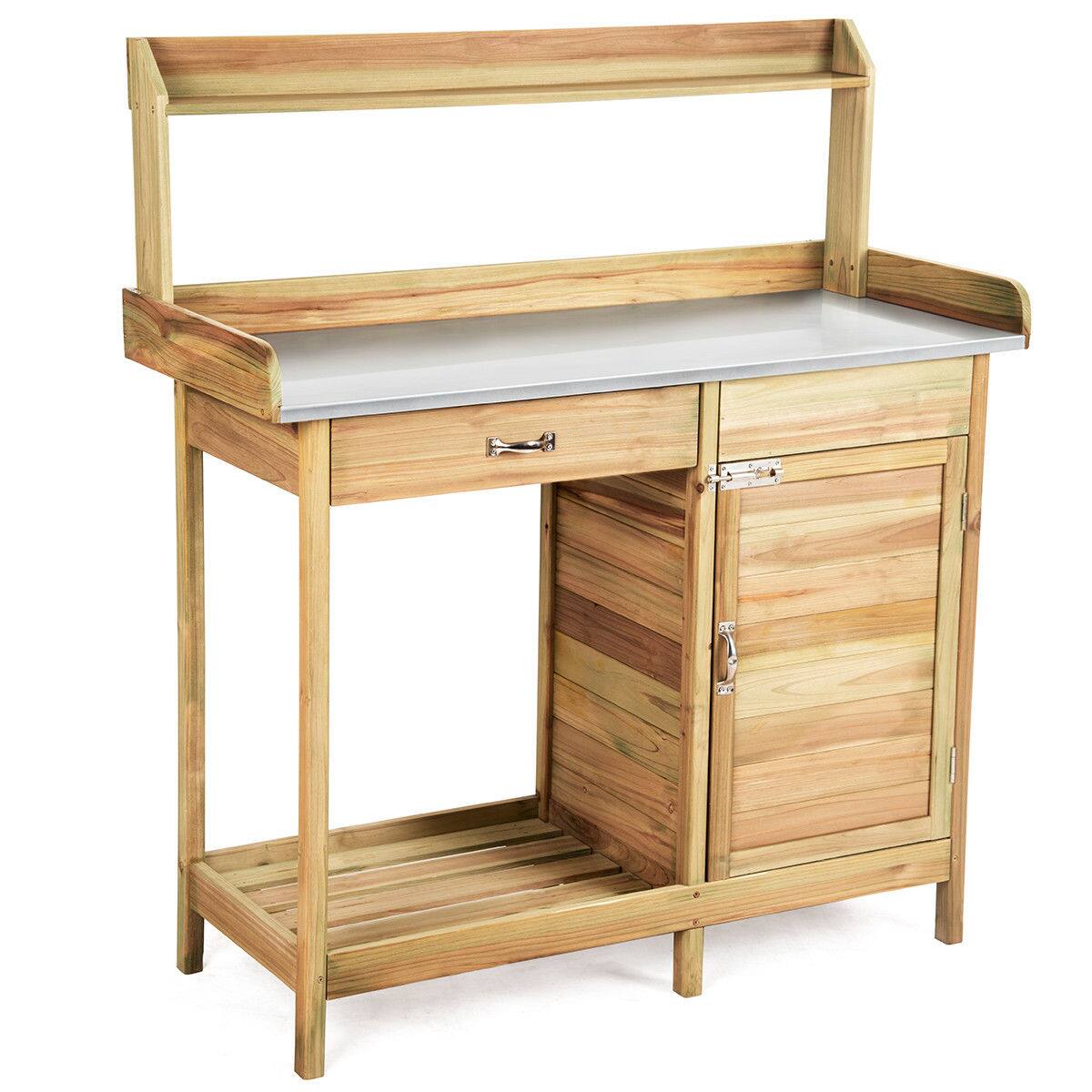 Alt View 1. Costway - Outdoor Potting Bench Garden Wooden Work Station Metal Tabletop Cabinet Drawer - Natural.