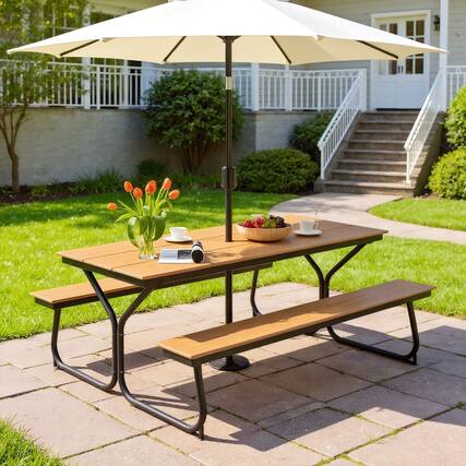 Front. Kadyn - 6 Feet Outdoor Picnic Table Bench Set for 6-8 People-Brown for Patio Back Deck, Balcany, Poolside - Brown.