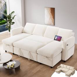 Vipbear - 81" L Shaped Pull Out Couches for Living Room with Storage Chaise, USB Port&Cupholder - Beige