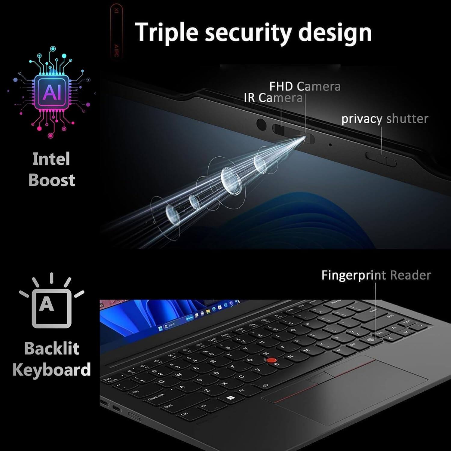 Triple security design  
- AI PC  
- FHD Camera  
- IR Camera  
- Privacy shutter  
- Intel Boost  
- Fingerprint Reader  
- Backlit Keyboard