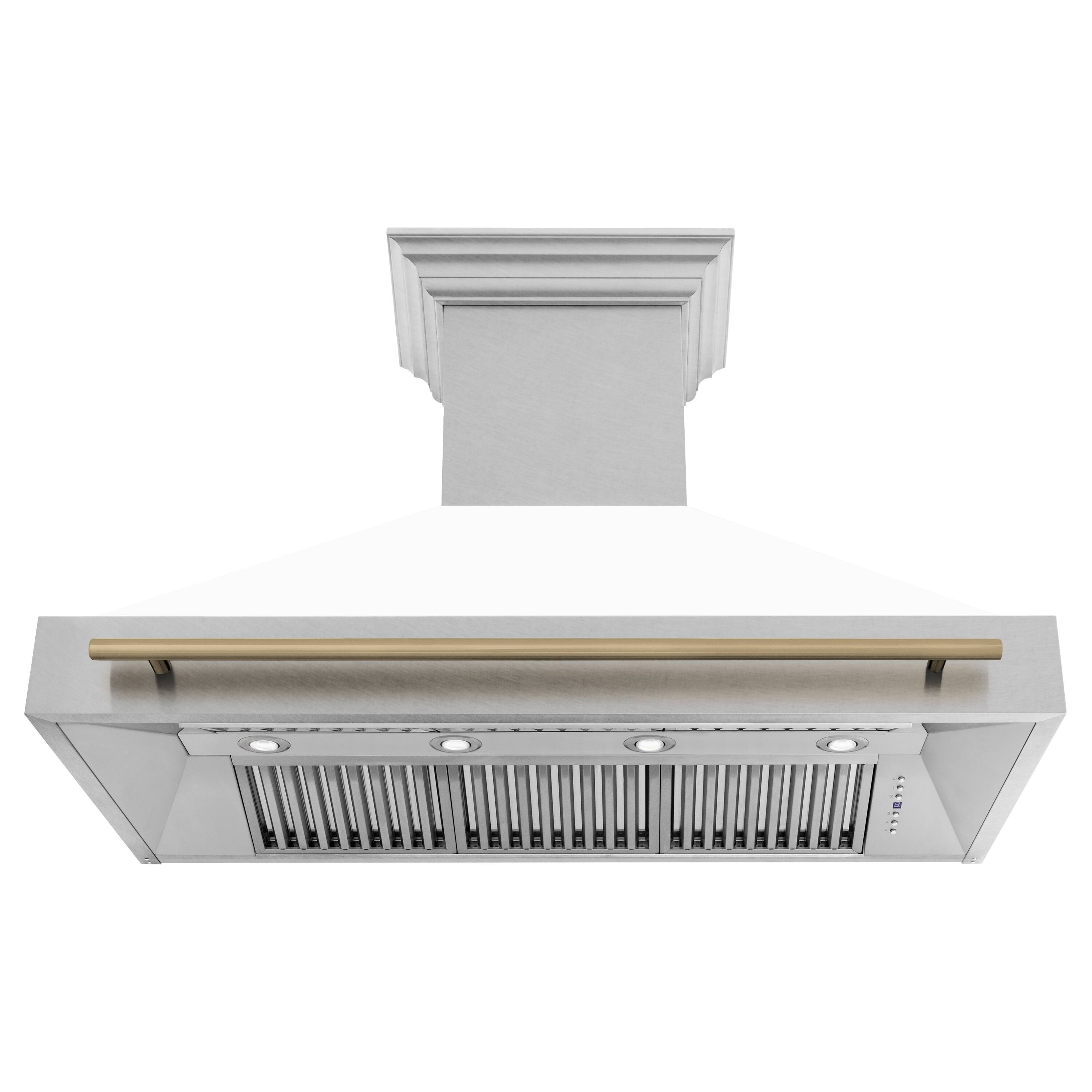 Back. ZLINE - ZLINE Autograph 48 in. Satin Stainless Steel Wall Mount Range Hood with White Matte Shell and Champagne Bronze Handle - Satin Stainless Steel with White Matte Shell.