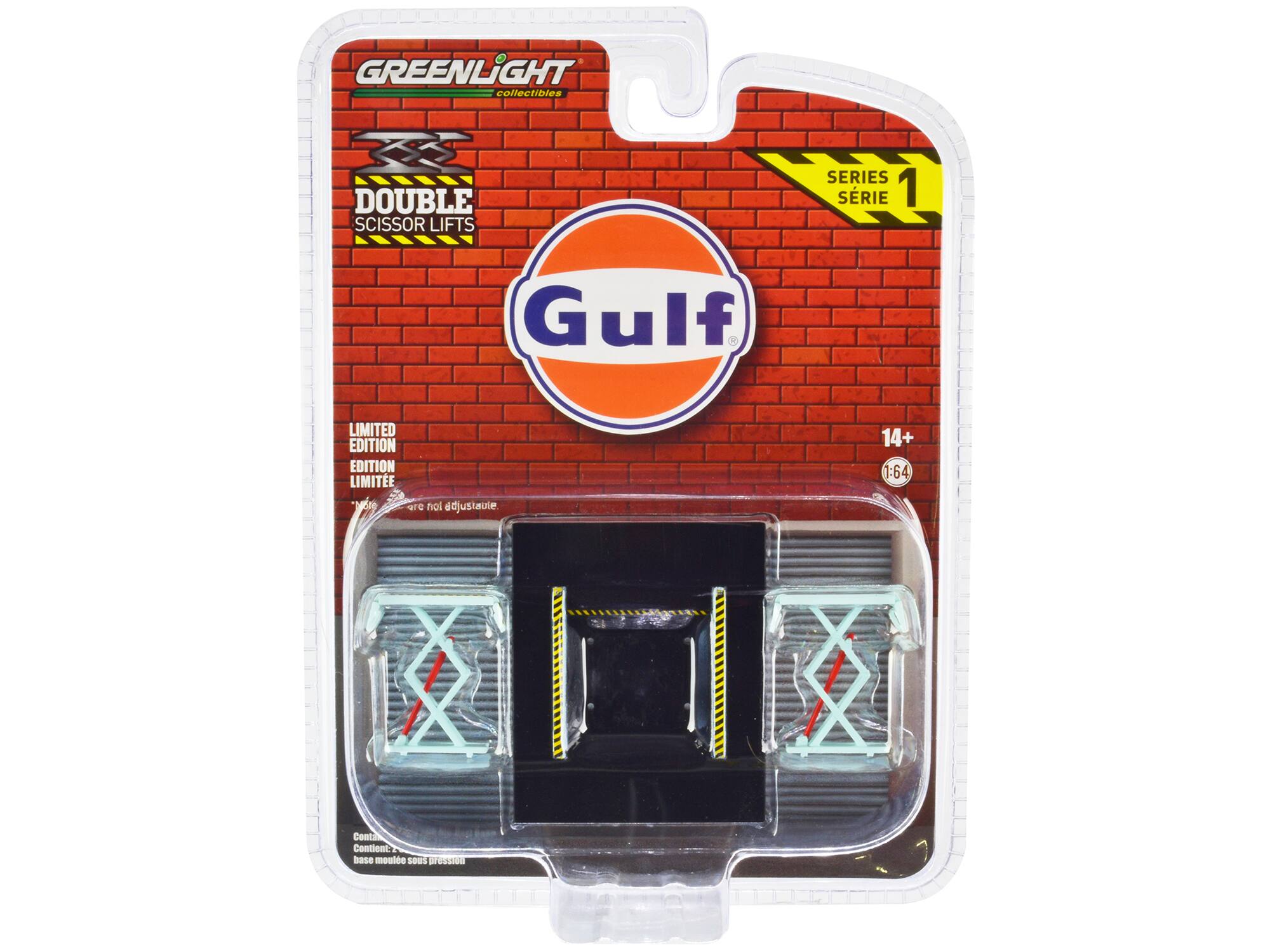 GREENLIGHT collectibles DOUBLE SCISSOR LIFTS SERIES 1 Gulf LIMITED EDITION 14+ 1:64 Contient: base moulée sous RUBAN