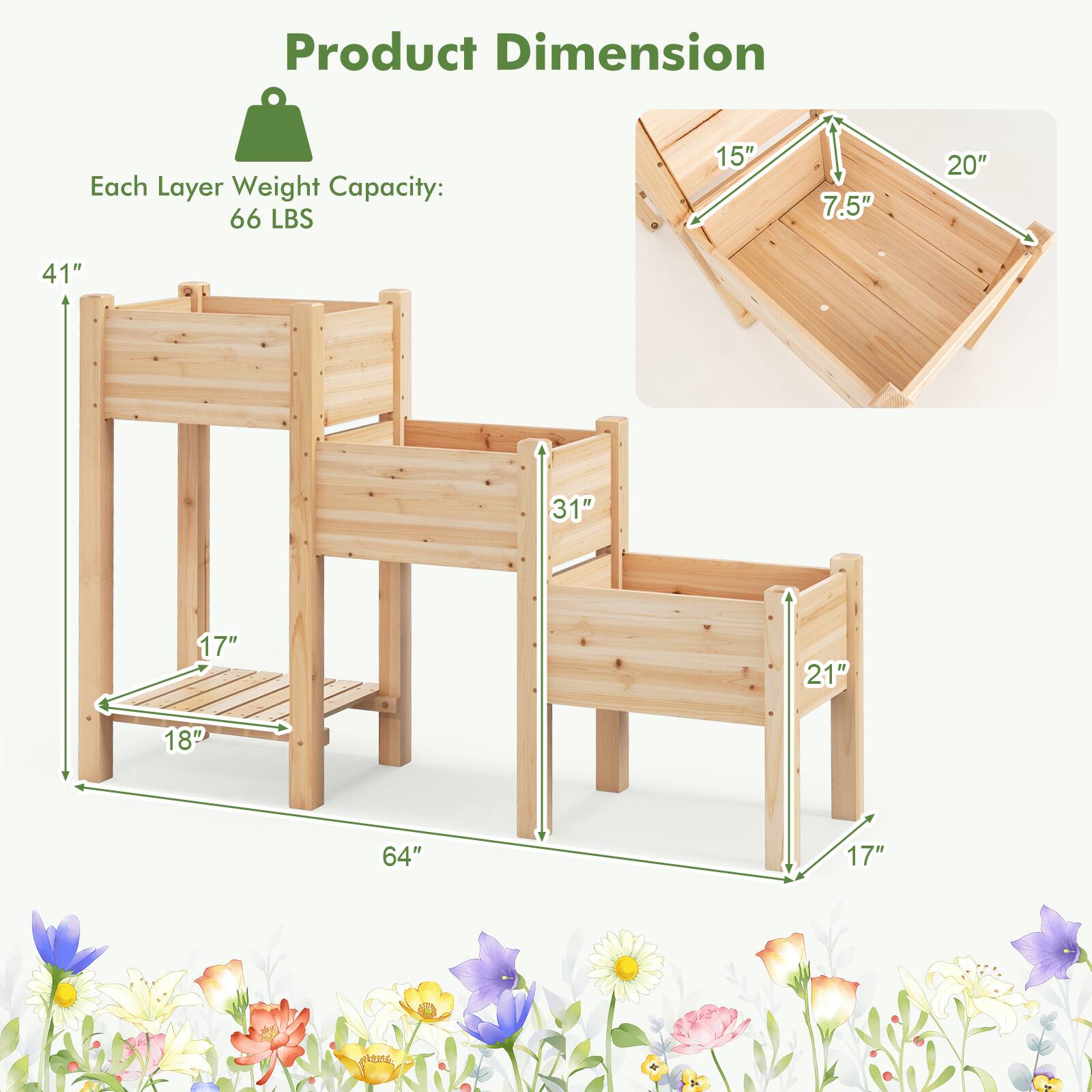 Product Dimension  
Each Layer Weight Capacity: 66 LBS  
15" x 7.5" x 20"  
41" x 31" x 17"  
21" x 18" x 64"