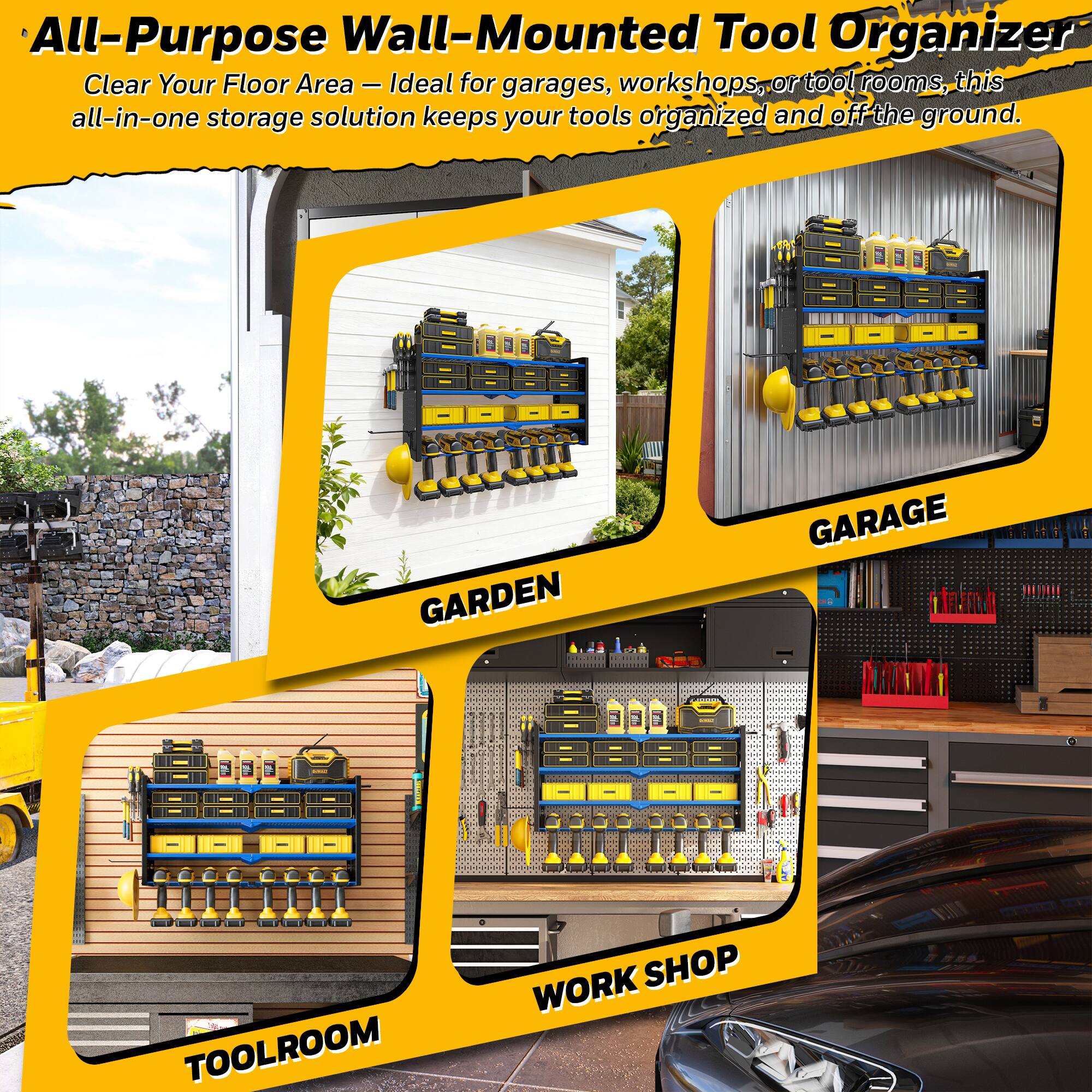 All-Purpose Wall-Mounted Tool Organizer  
Clear Your Floor Area – Ideal for garages, workshops, or tool rooms, this all-in-one storage solution keeps your tools organized and off the ground.  

GARDEN  
GARAGE  
TOOLROOM  
WORK SHOP
