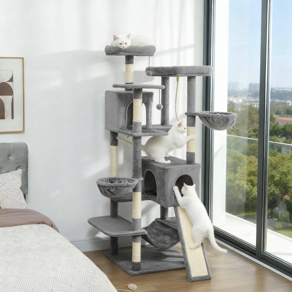Alt View 1. Siljoy - 68.5" Multi-Cat Tower Tree, Double Condo & Triple Hammock Cat Playground with Ramp & Anti-Tip Strap, Dark Gray.