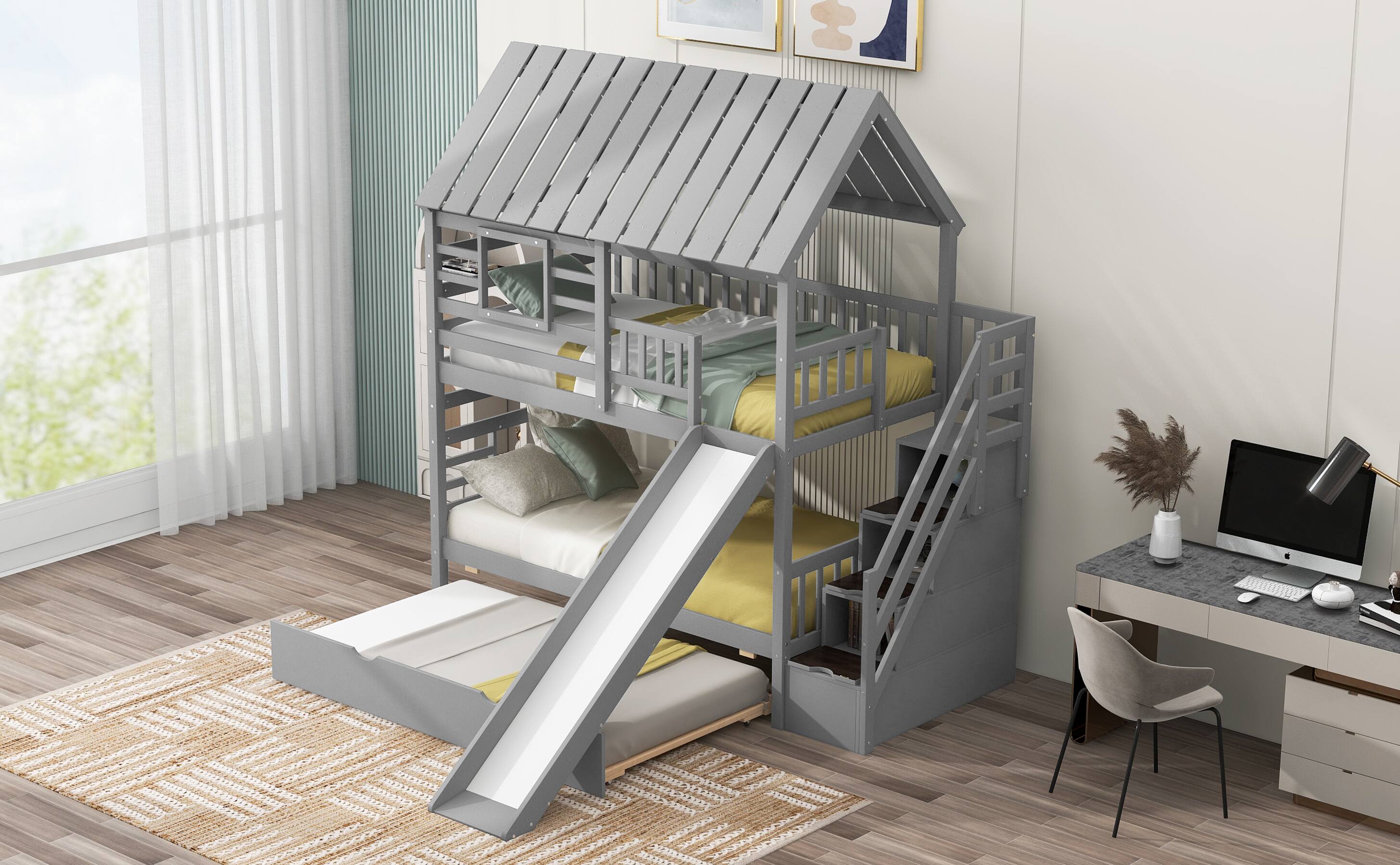 Alt View 1. Tiramisubest - Twin Bunk Bed with Trundle, Slide, Storage Staircase, Roof & Window, Gray - Gray.