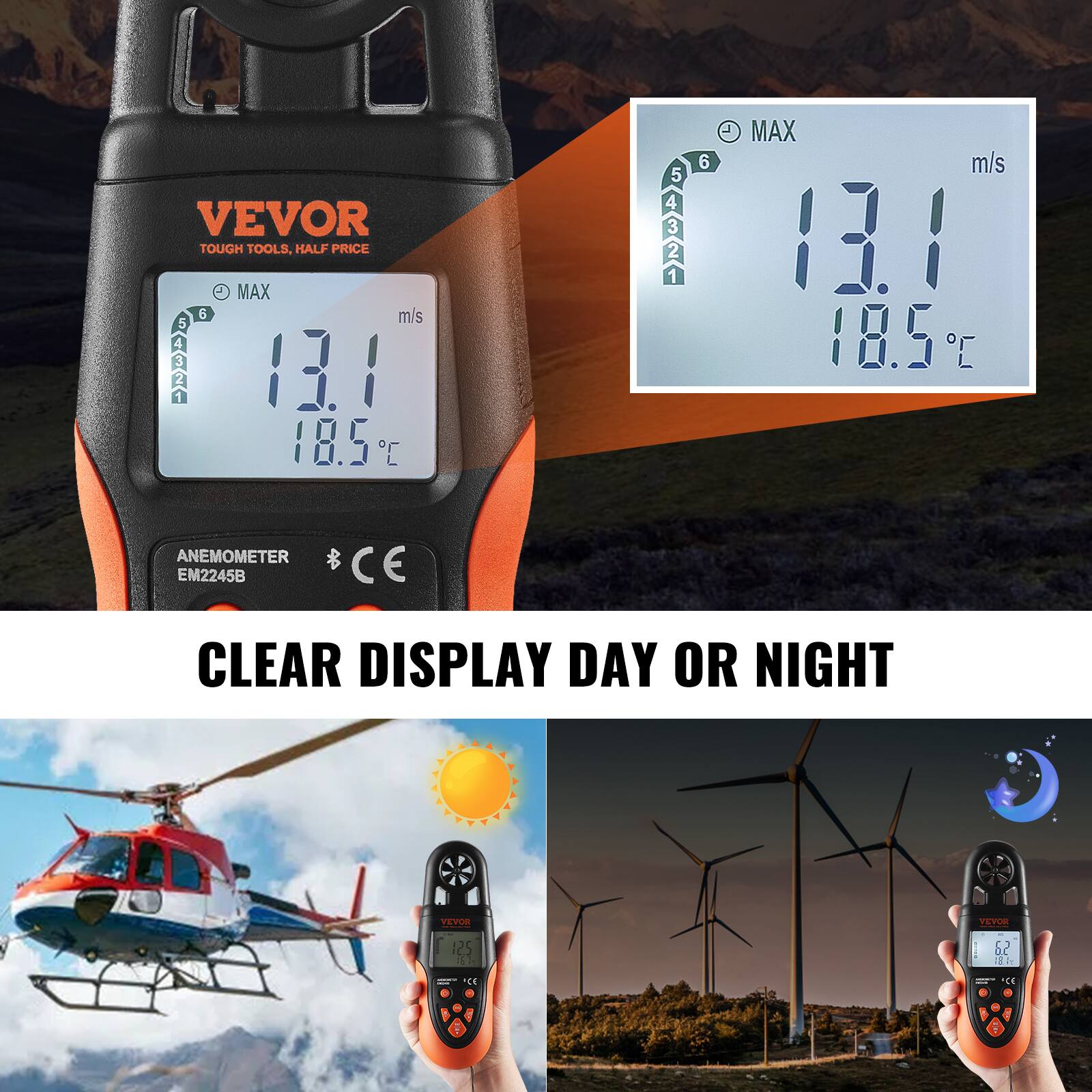 VEVOR TOUGH TOOLS, HALF PRICE

MAX 6 m/s

13.1 m/s

18.5 °C

ANEMOMETER EM2245B

CE

CLEAR DISPLAY DAY OR NIGHT

MAX 6 m/s

13.1 m/s

18.5 °C