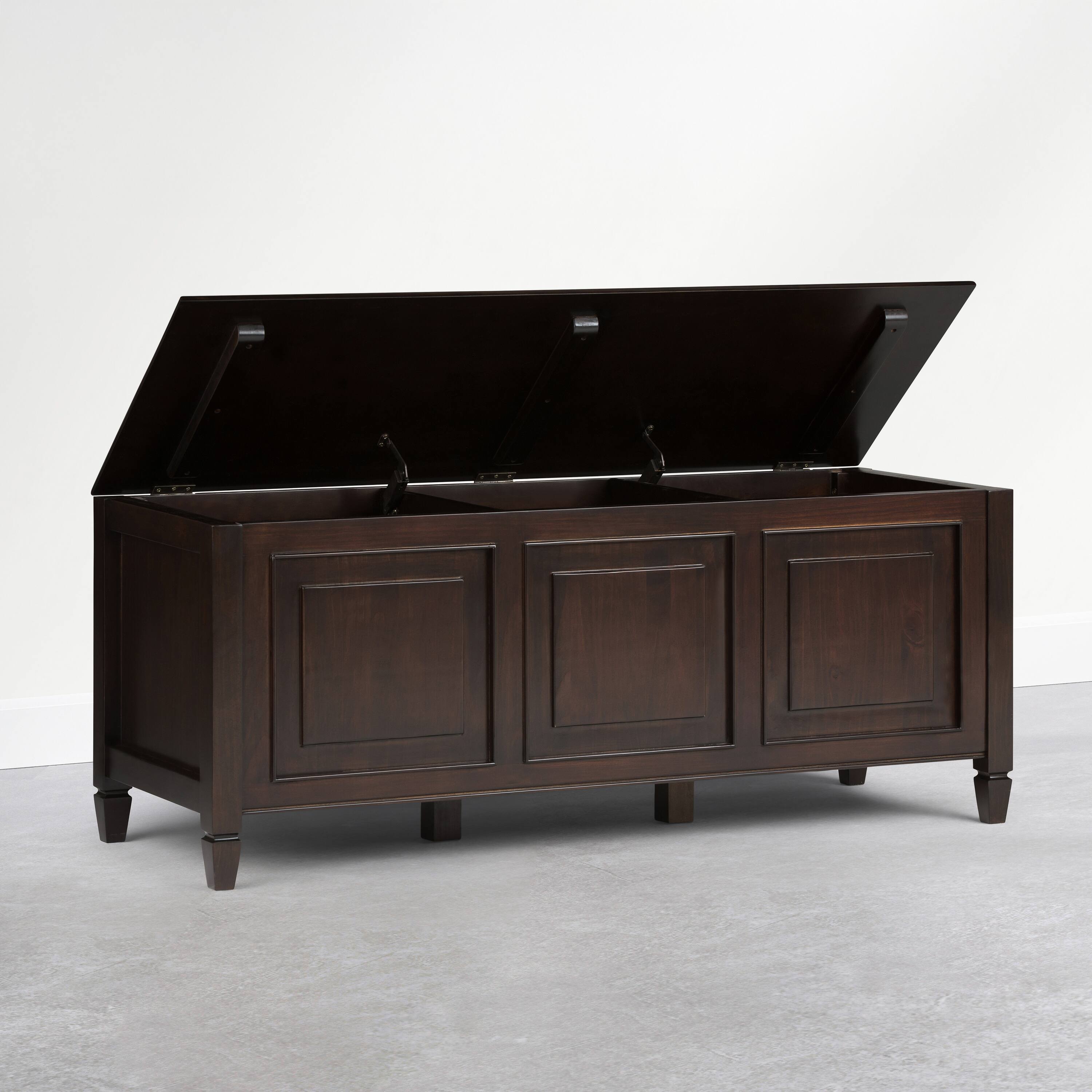 Left. Simpli Home - Connaught 51 inch Wide Solid Wood Storage Bench Trunk, Dark Kona Brown - Dark Kona Brown.