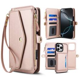 Dteck - Crossbody RFID Blocking Zipper Wallet Card For iPhone 16 Pro Handbag Magnetic Kickstand Wrist Strap Case - Rosegold