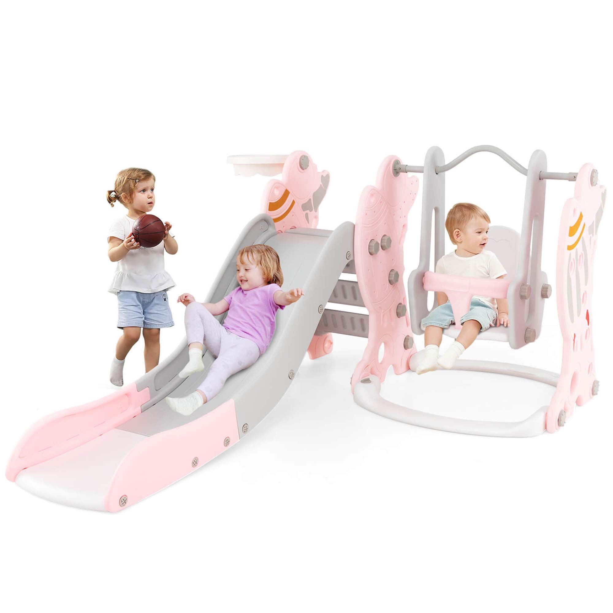 Front. Costway - Costway Toddler Slide and Swing Set 4-in-1 Indoor Playground with Extended Slide & Swing - Pink.