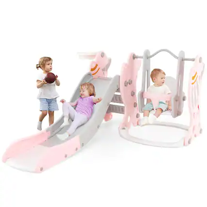 Front. Costway - Costway Toddler Slide and Swing Set 4-in-1 Indoor Playground with Extended Slide & Swing - Pink.