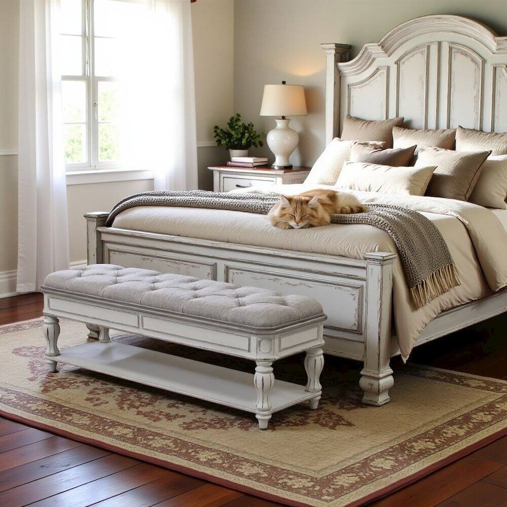Alt View 5. Starlight Canyon Home - White Antique Bedroom Bench With Storage Shelf, End of Bed Accent Seat - White.