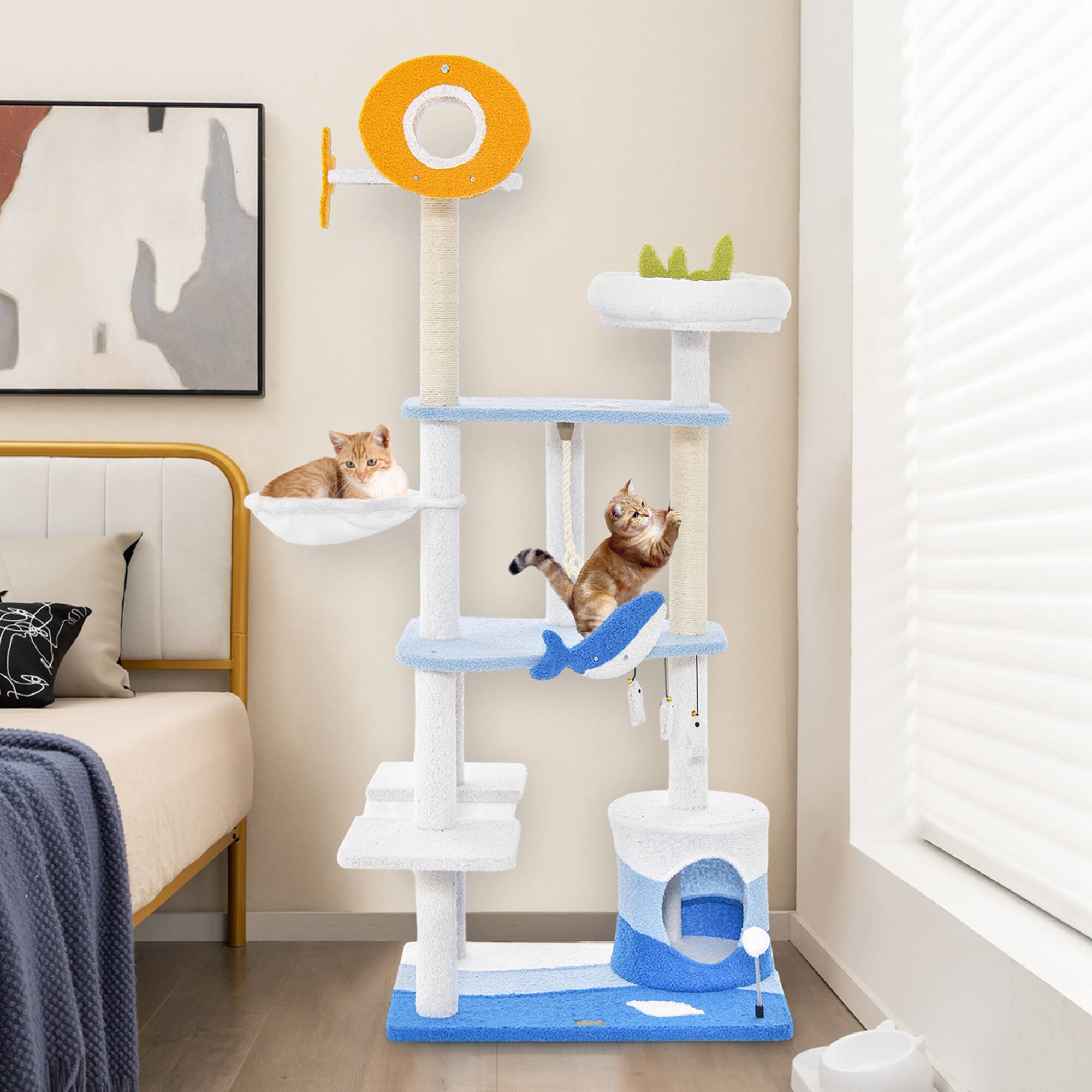 Alt View 3. Costway - Costway Ocean-themed Cat Tree Tower with Sisal Covered Scratching Posts Condo Perch Hammock - Blue.