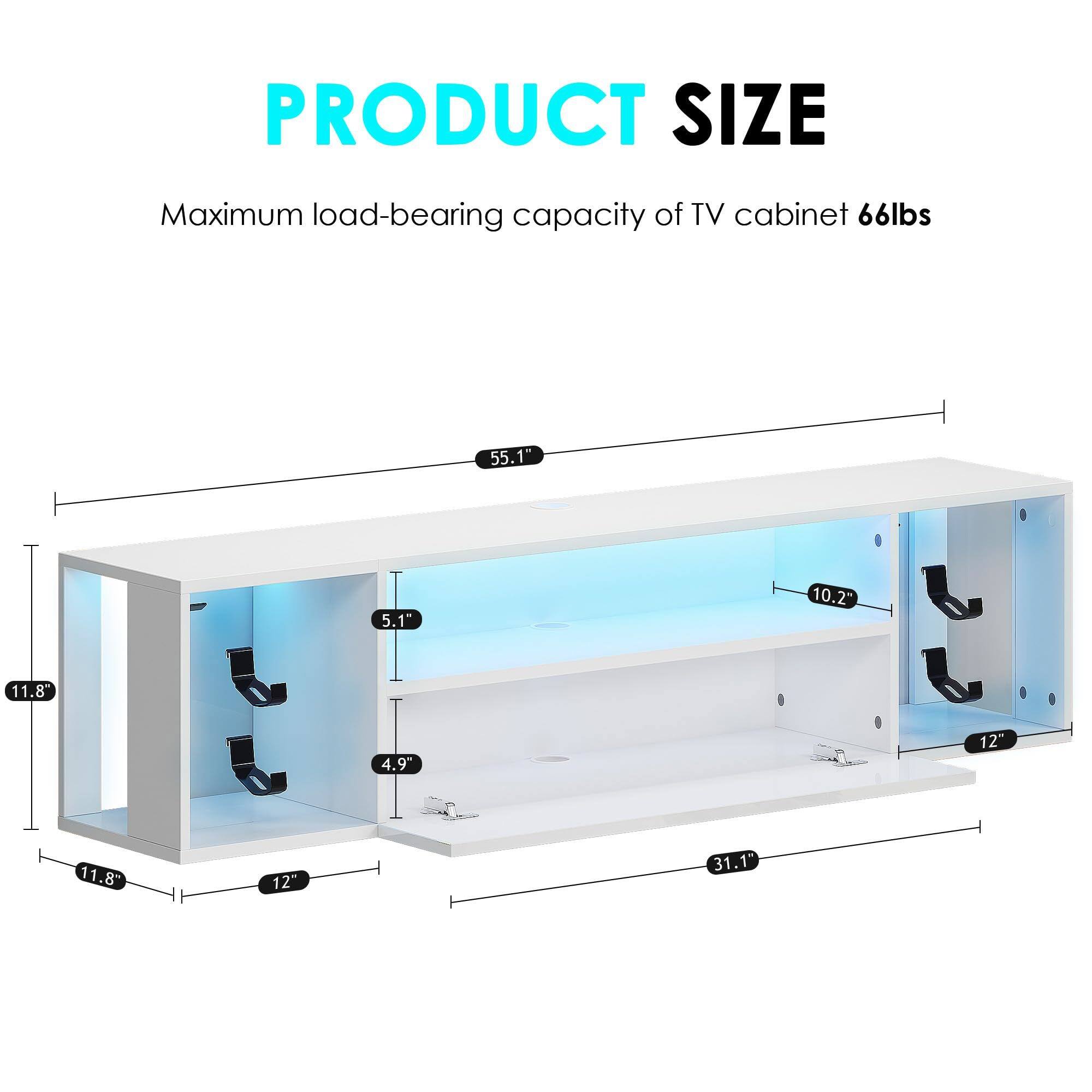 PRODUCT SIZE

Maximum load-bearing capacity of TV cabinet 66lbs

- Length: 55.1"
- Width: 31.1"
- Height: 11.8"
- Shelf depth: 12"
- Shelf height: 5.1"
- Shelf spacing: 4.9"
- Shelf width: 10.2"