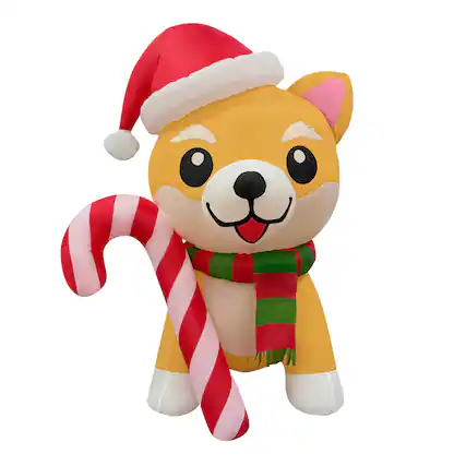 Front. GOOSH Inflatables - GOOSH 5.2FT Christmas Dog Inflatable with Candy Cane, Santa Hat, and LED Lights - Yellow.