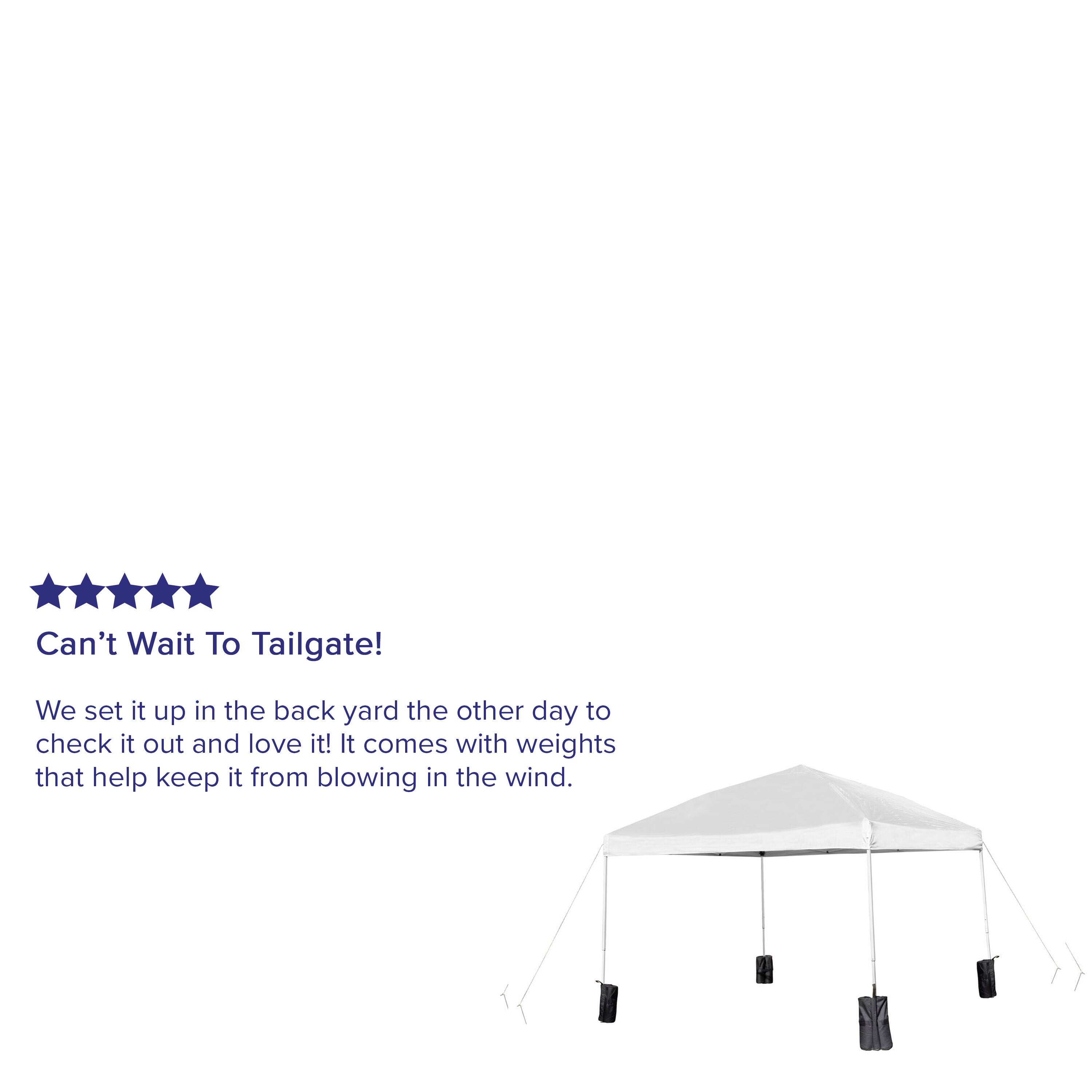 Can't Wait To Tailgate!  
We set it up in the back yard the other day to check it out and love it! It comes with weights that help keep it from blowing in the wind.