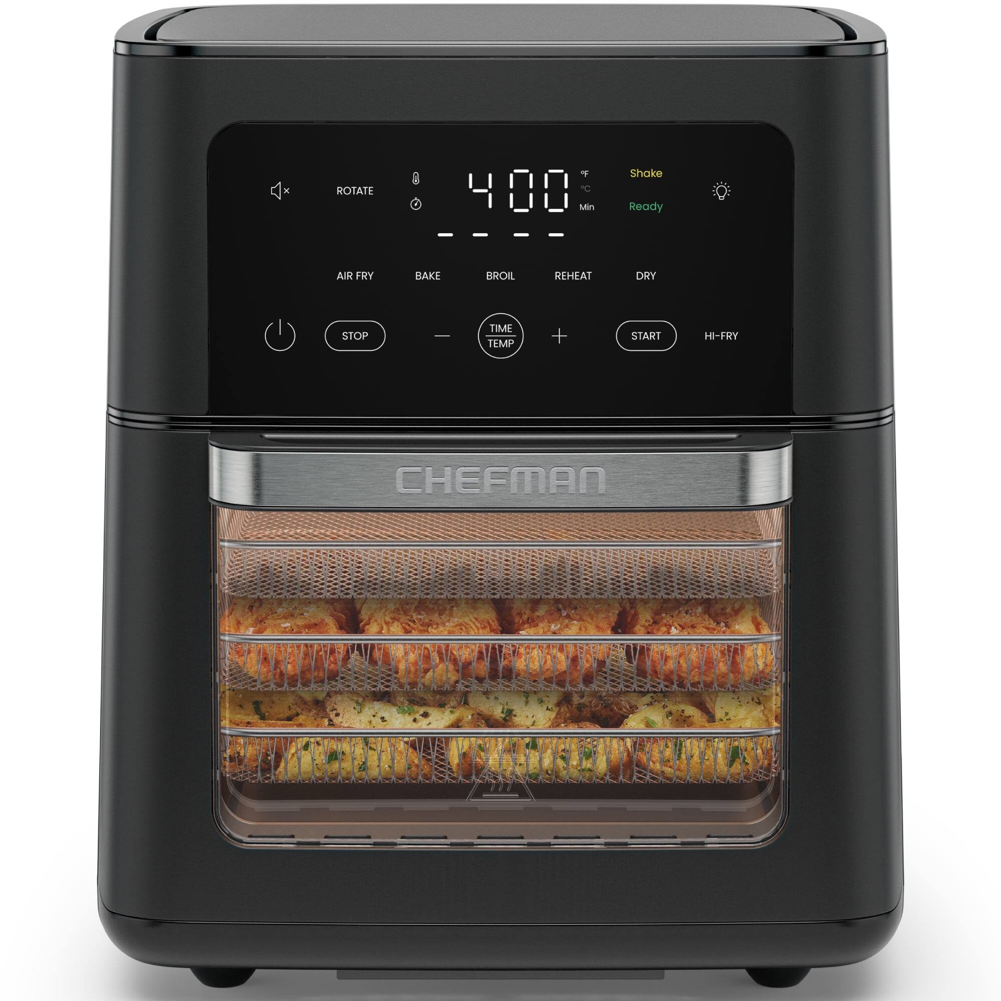 X ROTATE 3 a 400 C Min Shake Ready AIR FRY BAKE BROIL REHEAT DRY STOP TIME TEMP + START H-FRY CHEFMAN