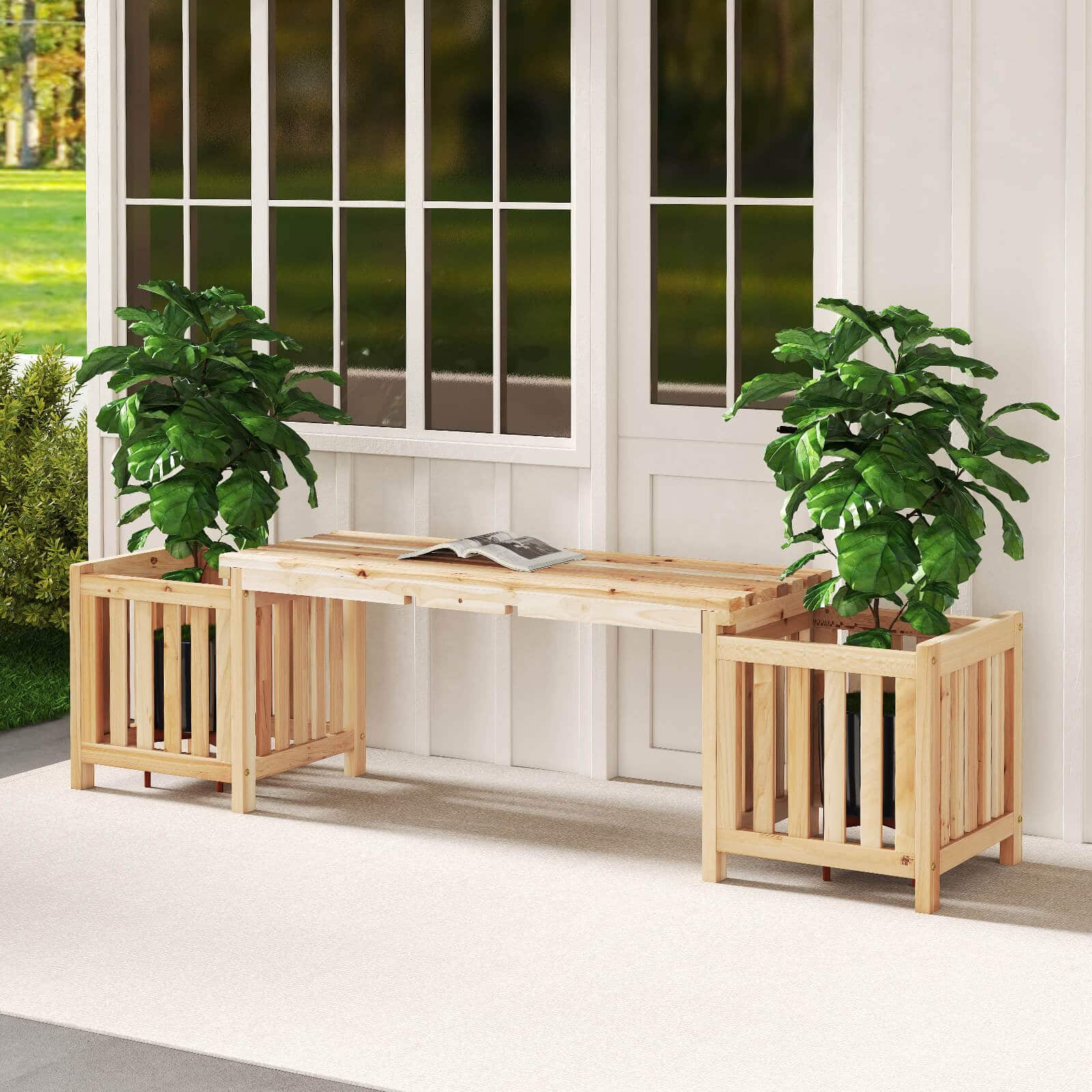 Costway - Patio Wooden Bench with Planter 2 Side Flower Box Slot Design for Easy Assembly - Beige