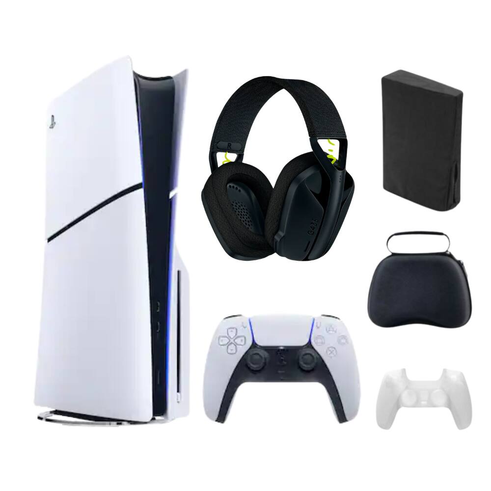 Front. Sony - Sony PlayStation 5 Slim Disc Console With Logitech G435 Headset and Accessories - White.