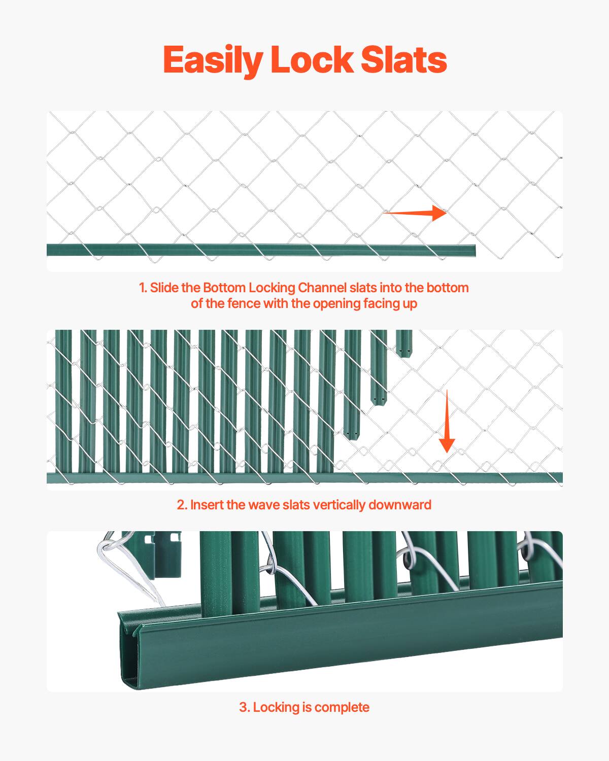 Easily Lock Slats

1. Slide the Bottom Locking Channel slats into the bottom of the fence with the opening facing up
2. Insert the wave slats vertically downward
3. Locking is complete