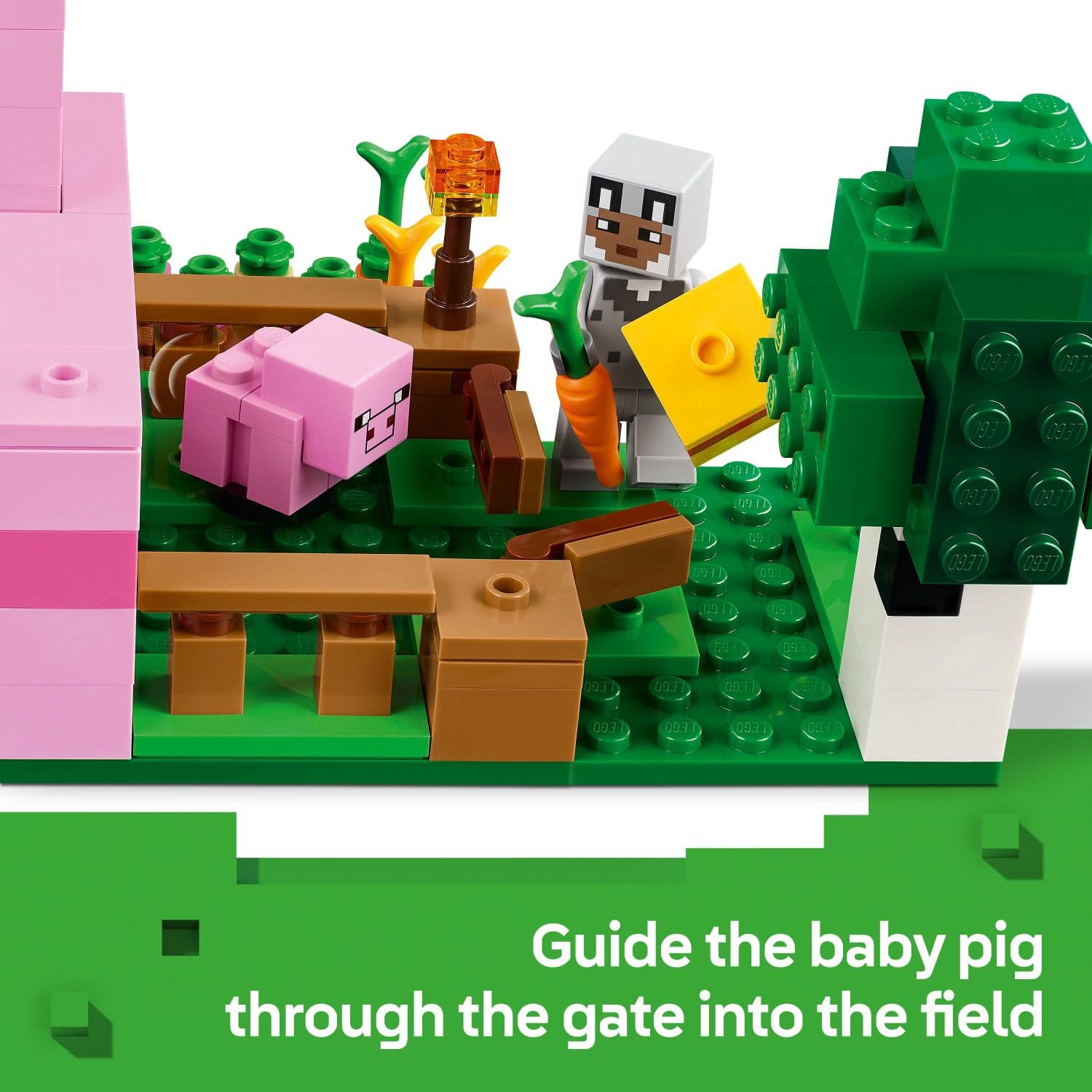 Guide the baby pig through the gate into the field.