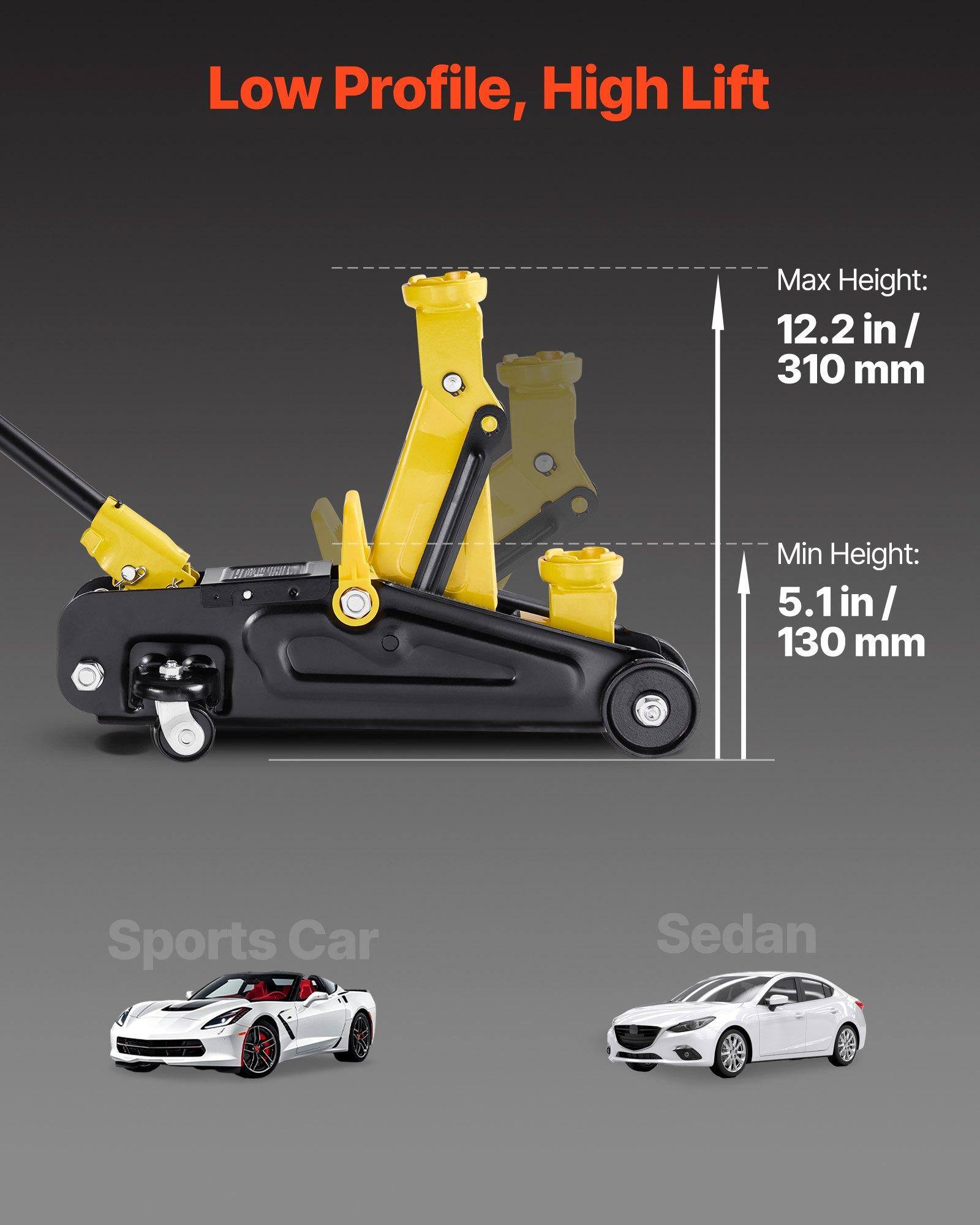 Low Profile, High Lift  
Max Height: 12.2 in / 310 mm  
Min Height: 5.1 in / 130 mm  

Sports Car  
Sedan