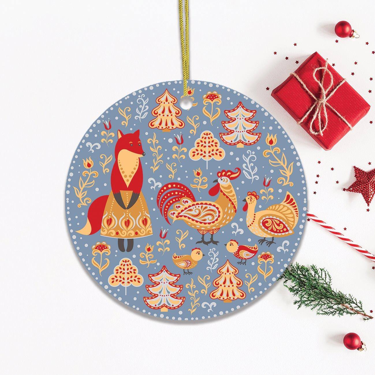 Back. OrnamentallyYou - Ethnic Fox Maid and Rooster Nature Ornament Christmas Forest Scandinavian Theme - Multi-colored.