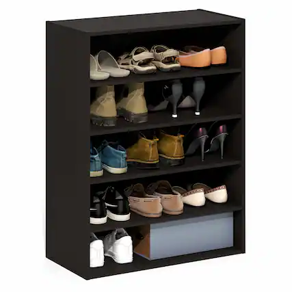 Front. Furinno - FANO Stackable Shoe Storage, Shoe Rack, 5-Tier Shoe Organizer, for Closet Entryway, Office, Garage - Black Dark Oak.