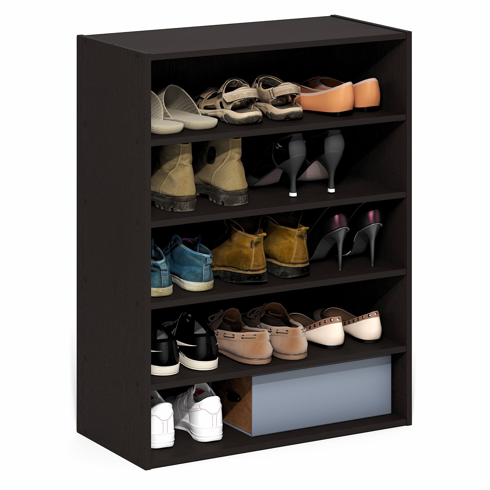 Front. Furinno - FANO Stackable Shoe Storage, Shoe Rack, 5-Tier Shoe Organizer, for Closet Entryway, Office, Garage - Black Dark Oak.