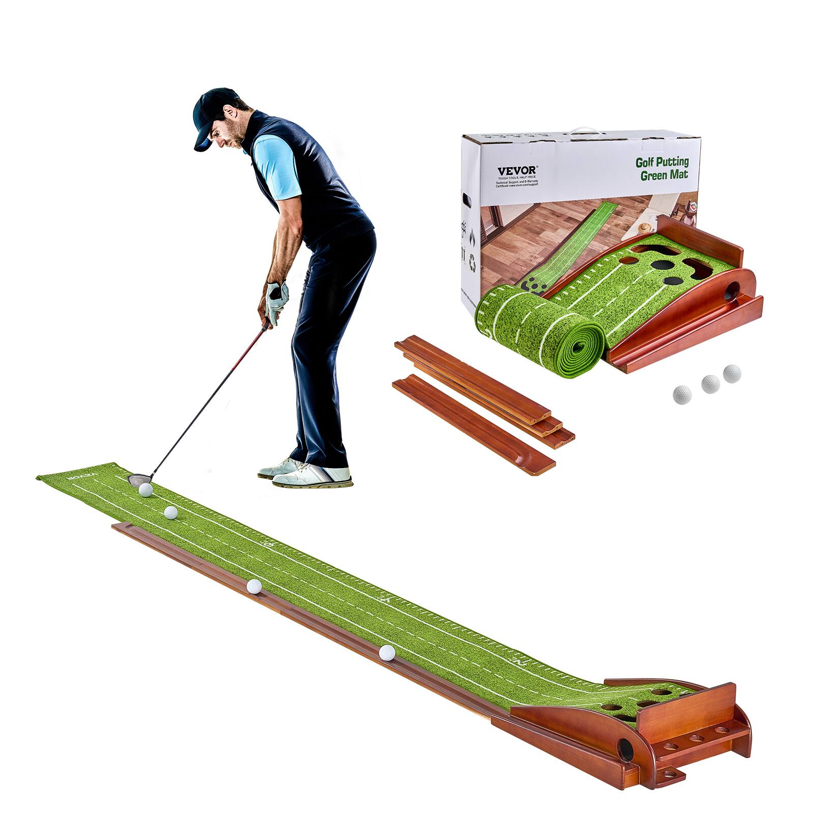 VEVOR - Golf Putting Mat,5 Hole Indoor Golf Putting Wrinkle-Free Golf Training Aid, Mini Golf Set with Auto-Ball Return - Green