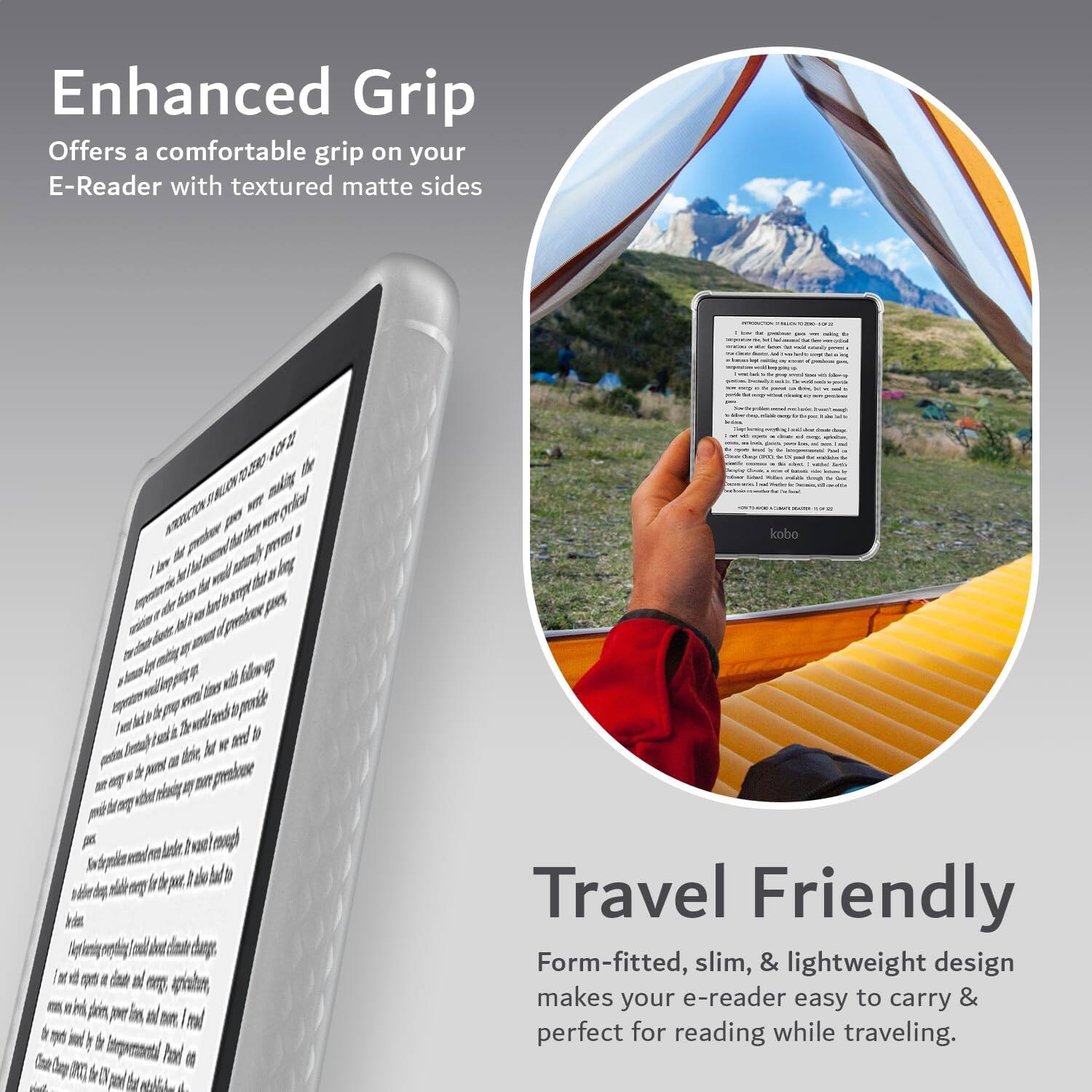 Enhanced Grip  
Offers a comfortable grip on your E-Reader with textured matte sides  

Travel Friendly  
Form-fitted, slim, & lightweight design makes your e-reader easy to carry & perfect for reading while traveling.