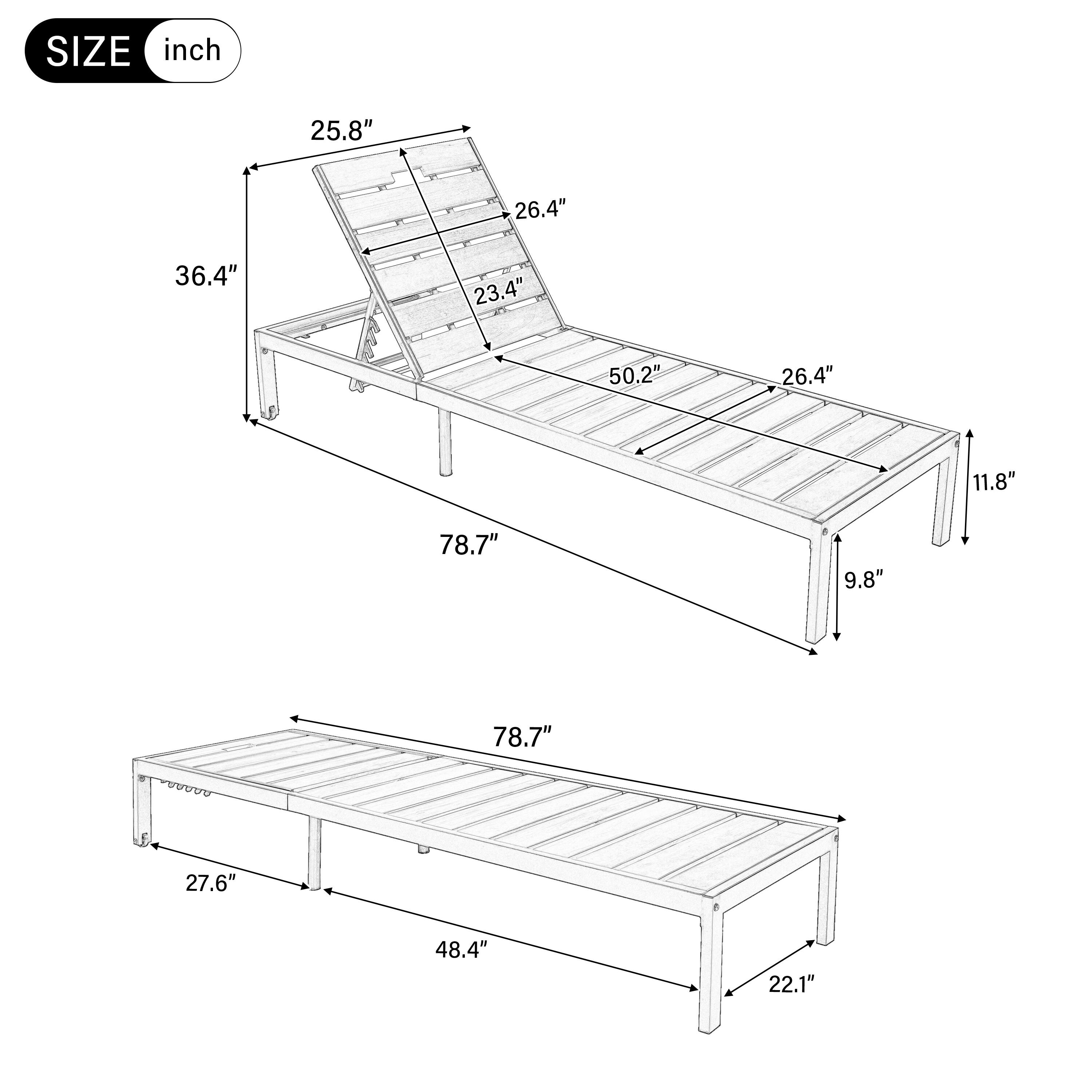 SIZE inch  
25.8"  
26.4"  
36.4"  
23.4"  
50.2"  
26.4"  
11.8"  
78.7"  
9.8"  
78.7"  
27.6"  
48.4"  
22.1"