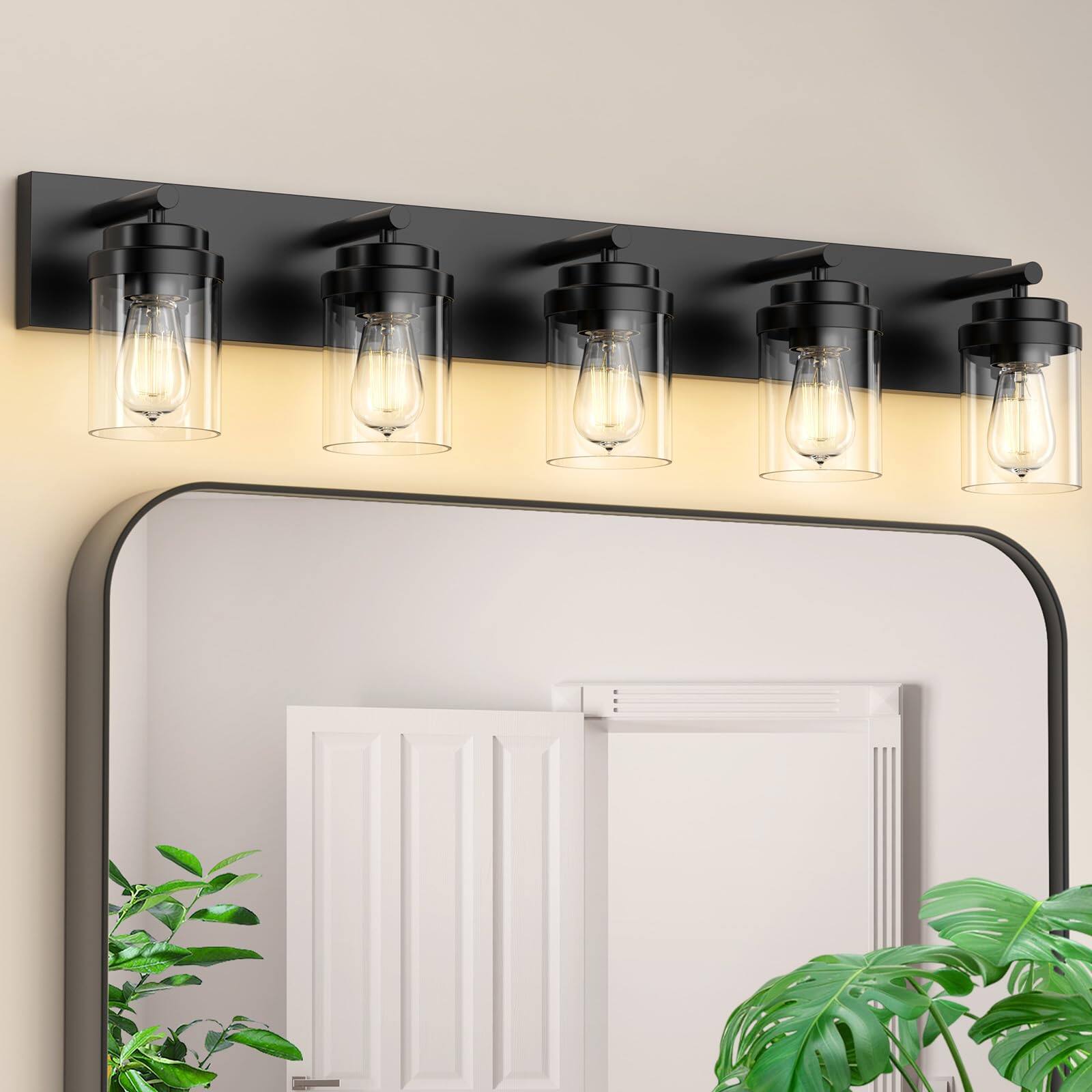 Front. Comfort Essence - Bathroom Vanity Light Fixture Inch Matte Fixtures Over Mirror With Clear Glass Shade Modern Farmhouse Light - Black - Clear Glass Shade 5-Light.