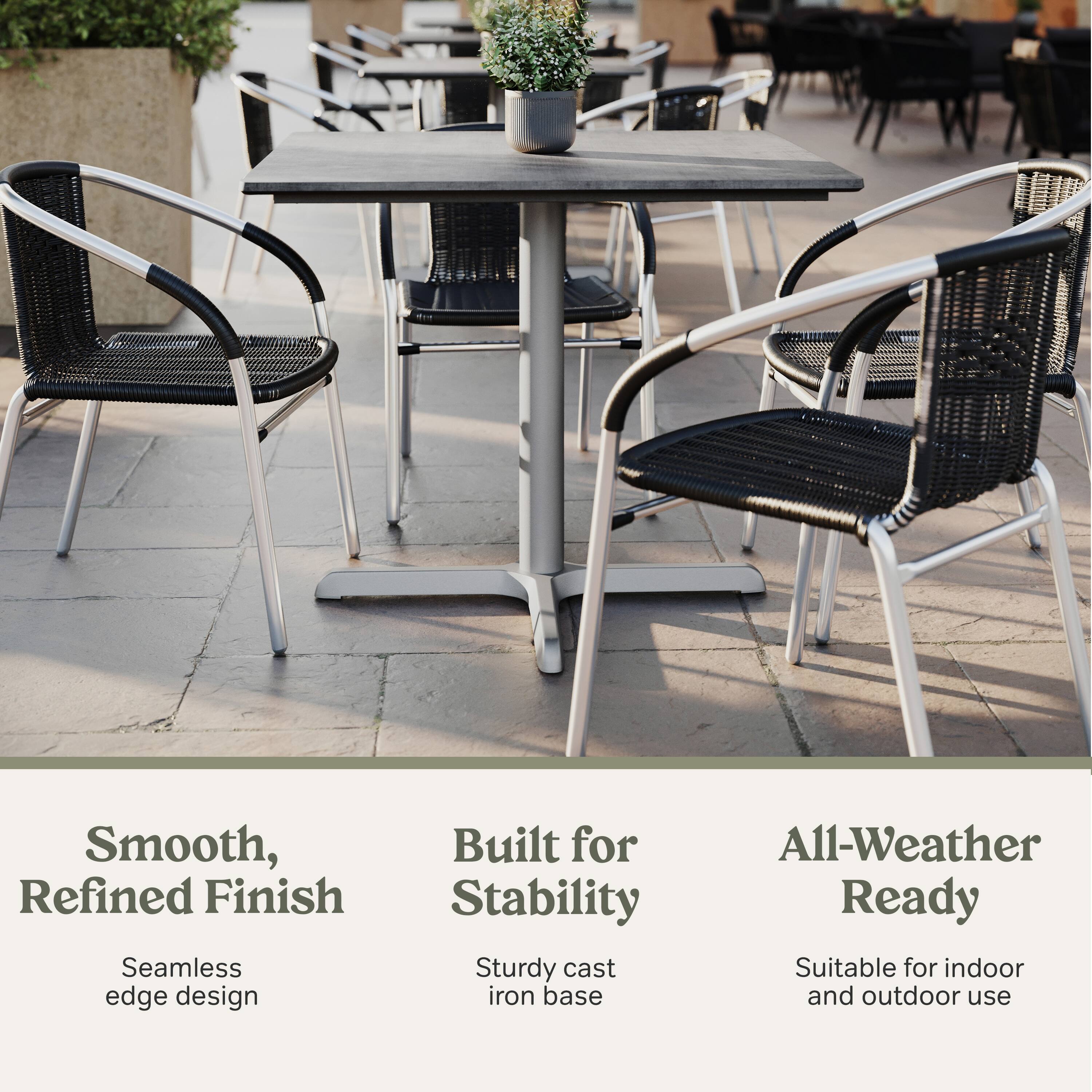 Smooth, Refined Finish  
Seamless edge design  

Built for Stability  
Sturdy cast iron base  

All-Weather Ready  
Suitable for indoor and outdoor use