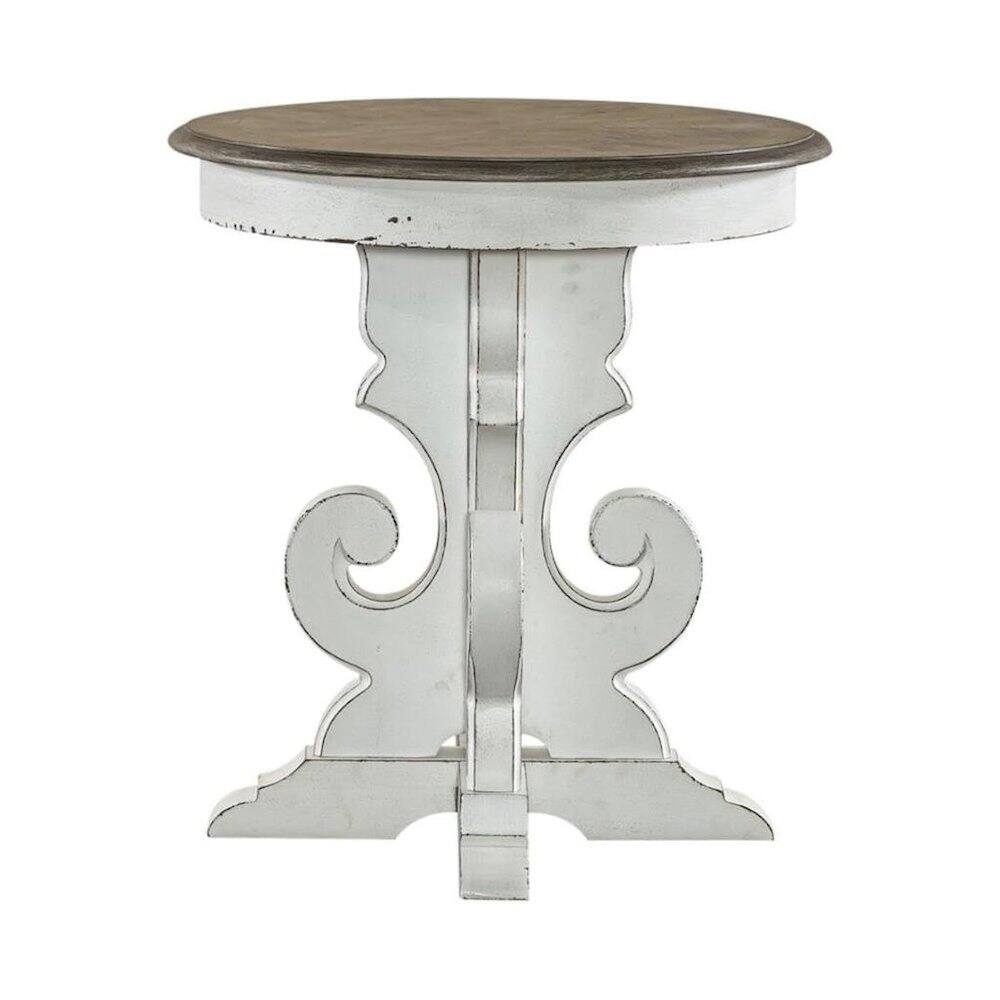 Left. Starlight Canyon Home - Antique White Round Side Table Accent Piece for Rustic Living Rooms - White.