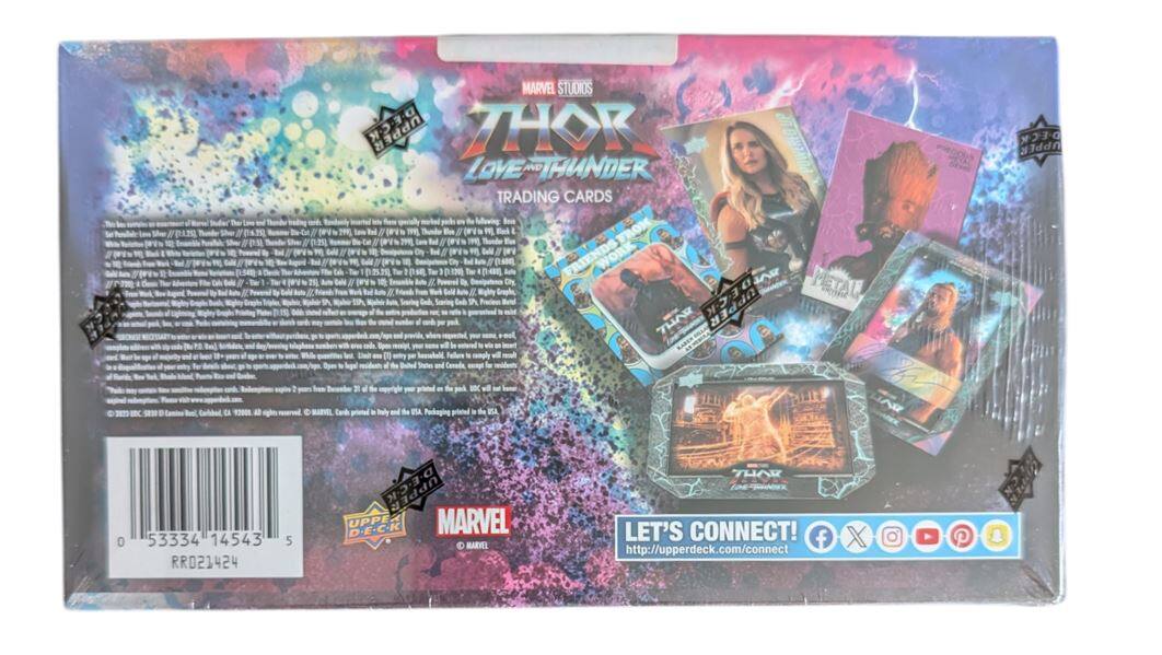 MARVEL STUDIOS  
THOR: LOVE AND THUNDER  
TRADING CARDS  

UPPER DECK  

0 53334 14543 5  
RR021424  

LET'S CONNECT!  
http://upperdeck.com/connect  

MARVEL  
© MARVEL