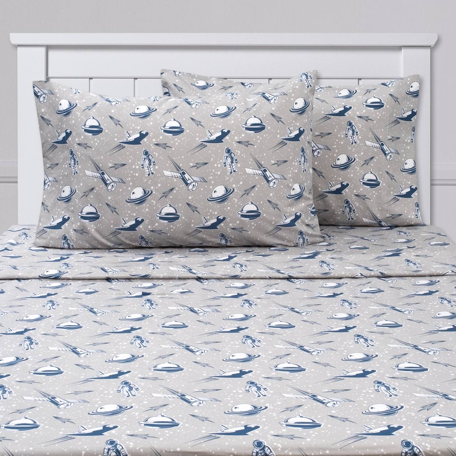 Left. Sweet Home Collection - Kids' Printed Classic & Bright Ultra Soft Microfiber Sheet Sets - Twin XL - Spaceships.