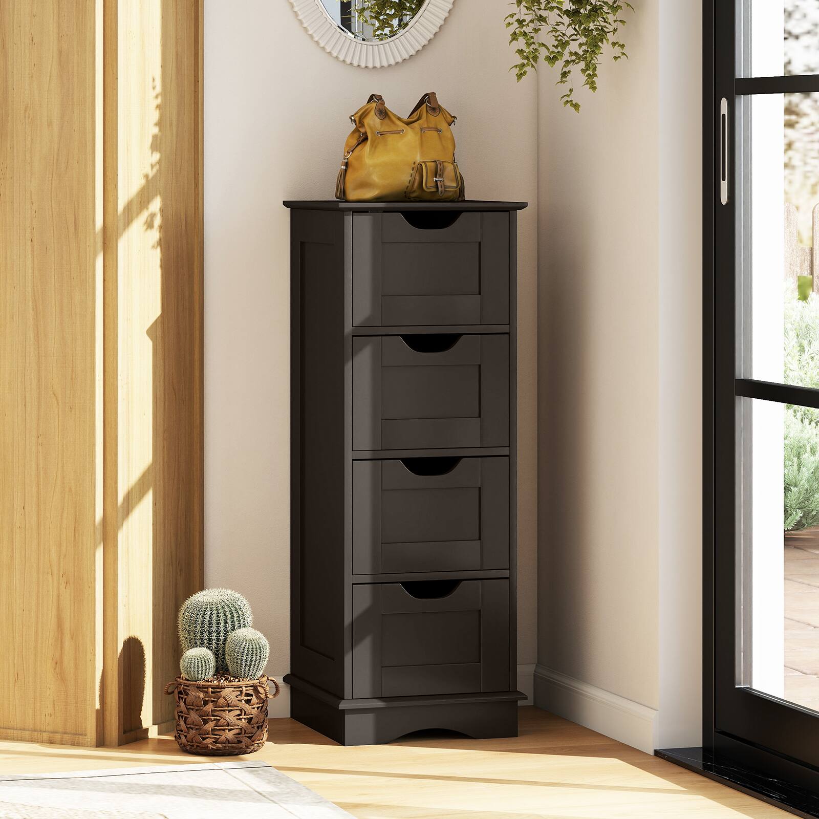 Alt View 5. Costway - Costway Bathroom Storage Cabinet with 4 Drawers, Cutout Handles for Hallway, Living Room - Brown.