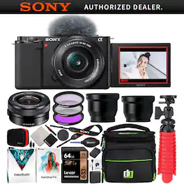 Sony - ZV-E10 Mirrorless Vlog Camera Body + 16-50mm F3.5-5.6 Zoom Lens Kit Black Bundle