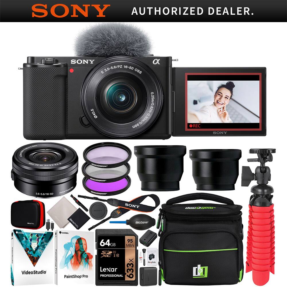 Sony - ZV-E10 Mirrorless Vlog Camera Body + 16-50mm F3.5-5.6 Zoom Lens Kit Black Bundle