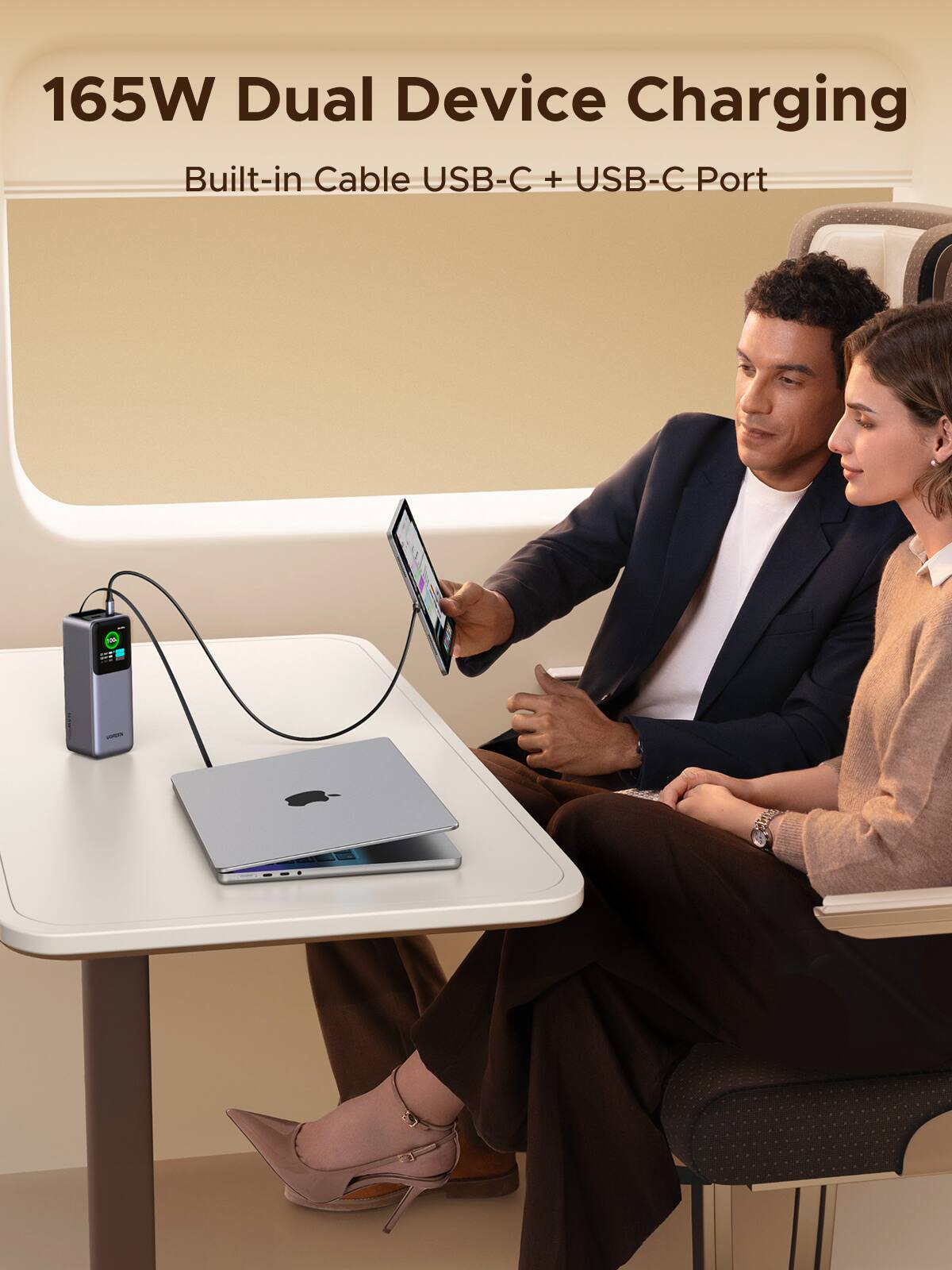 165W Dual Device Charging  
Built-in Cable USB-C + USB-C Port