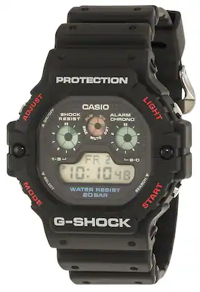 PROTECTION
CASIO
G-SHOCK
ADJUST
ON/OFF
SHOCK RESIST
ALM
SNZ
MUTE
ALARM
CHRONO
SIG
DST
LIGHT
1-5-
FR 2
10:10 48
MODE
SELECT
WATER RESIST
20 BAR
SEARCH
START
G-SHOCK