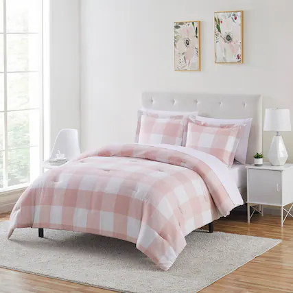 Front. Sweet Home Collection - 7 Piece Checkered Buffalo Plaid Bed in a Bag Comforter & Sheet Set - Queen - Blush.